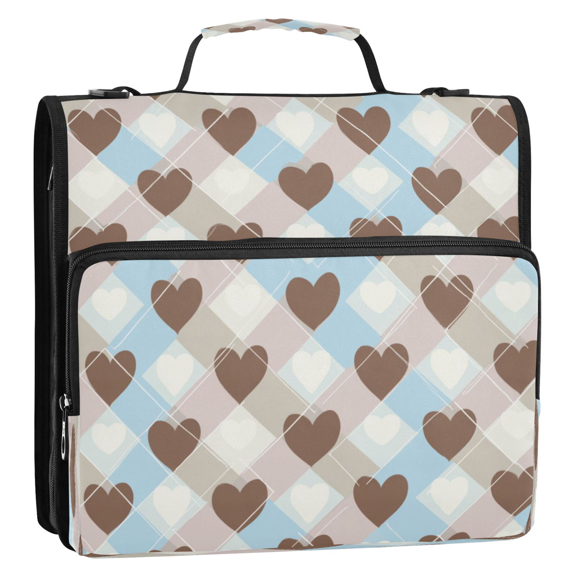 3 Ring Zipper Binder Stationery Organizer for Study Work Home Travel, All-Purpose File Folder Storage Bag for Daily Document Organization Neutral Brown Blue Heart Print