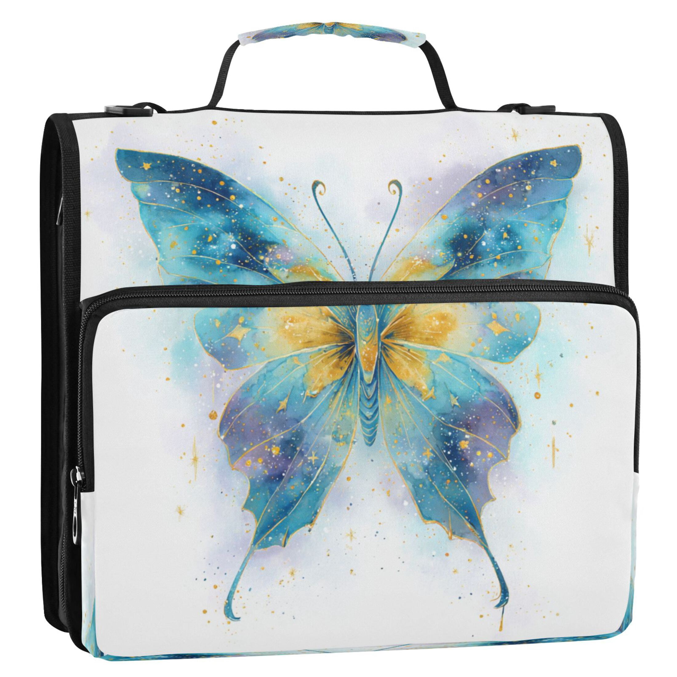 3 Ring Zipper Binder Stationery Organizer for Study Work Home Travel, All-Purpose File Folder Storage Bag for Daily Document Organization Nocturnal Azure Butterfly