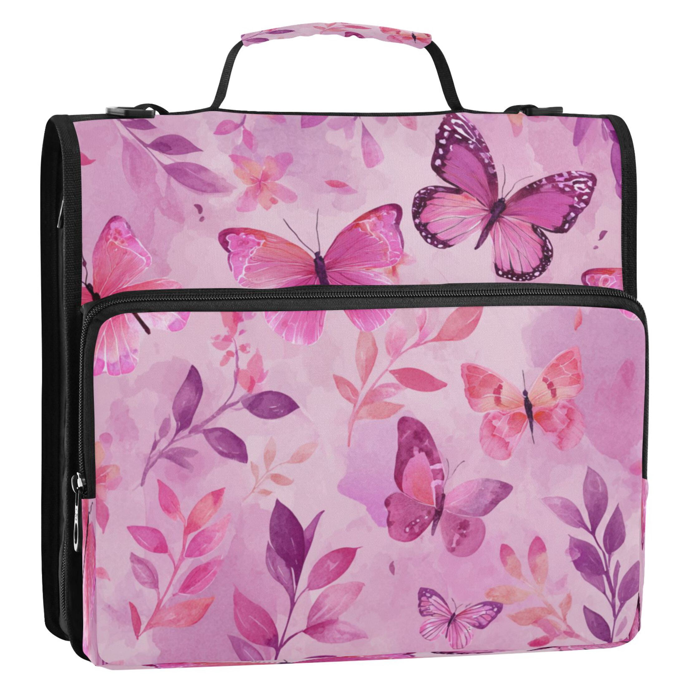 3 Ring Zipper Binder Stationery Organizer for Study Work Home Travel, All-Purpose File Folder Storage Bag for Daily Document Organization Pink Butterfly Garden in Blush