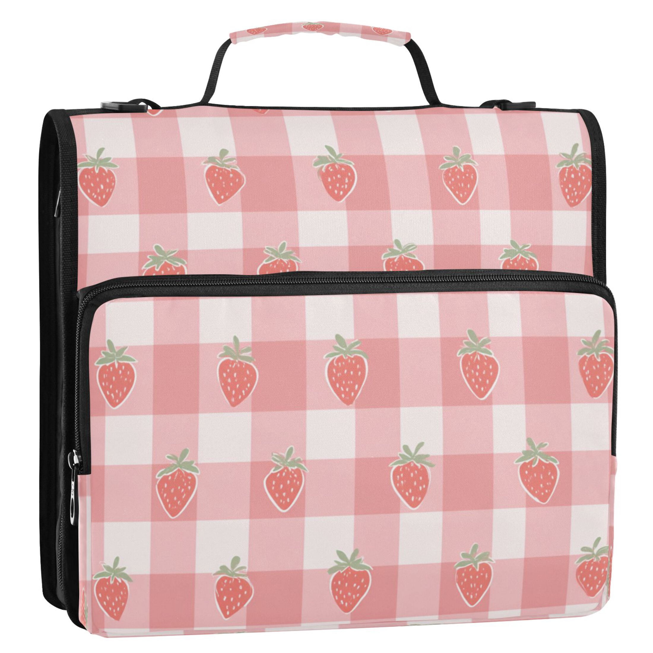 3 Ring Zipper Binder Stationery Organizer for Study Work Home Travel, All-Purpose File Folder Storage Bag for Daily Document Organization Pink Gingham Strawberry