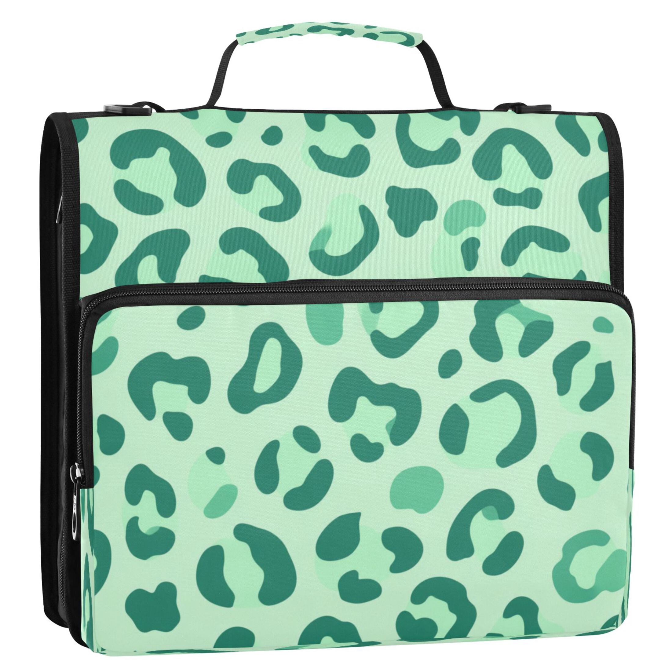 3 Ring Zipper Binder Stationery Organizer for Study Work Home Travel, All-Purpose File Folder Storage Bag for Daily Document Organization Soft Green Tonal Cheetah Print
