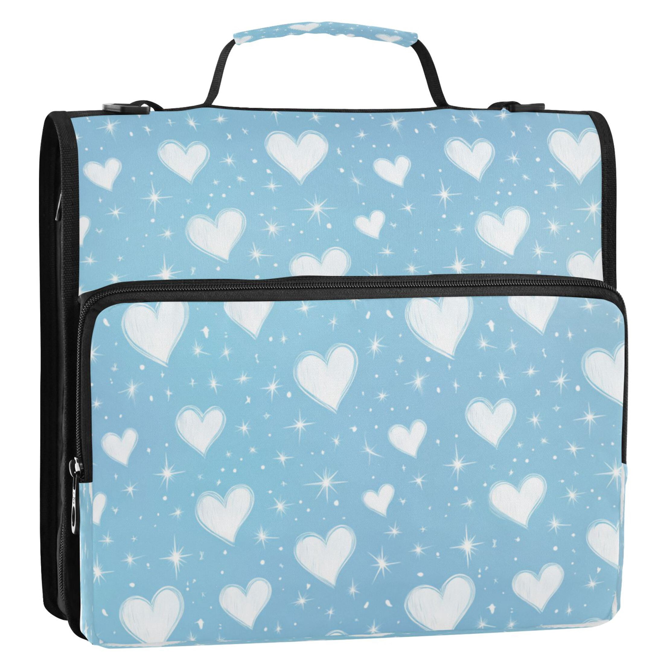 3 Ring Zipper Binder Stationery Organizer for Study Work Home Travel, All-Purpose File Folder Storage Bag for Daily Document Organization Soft Heart Line Art on Blue