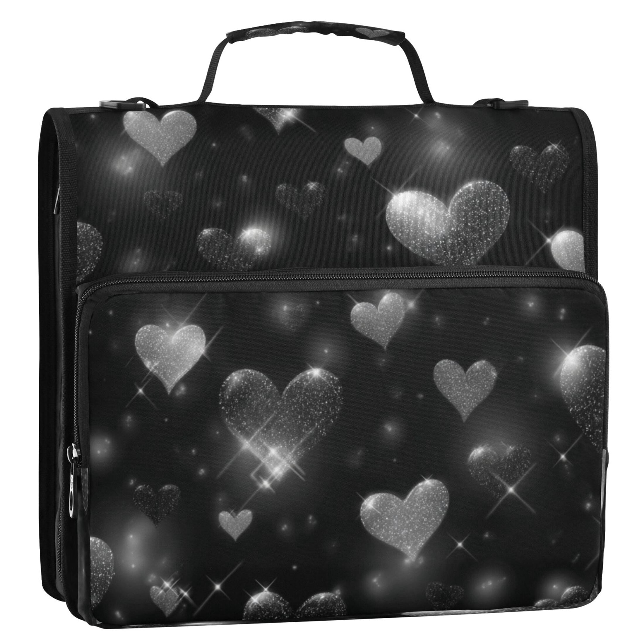 3 Ring Zipper Binder Stationery Organizer for Study Work Home Travel, All-Purpose File Folder Storage Bag for Daily Document Organization Stardust Hearts on Black