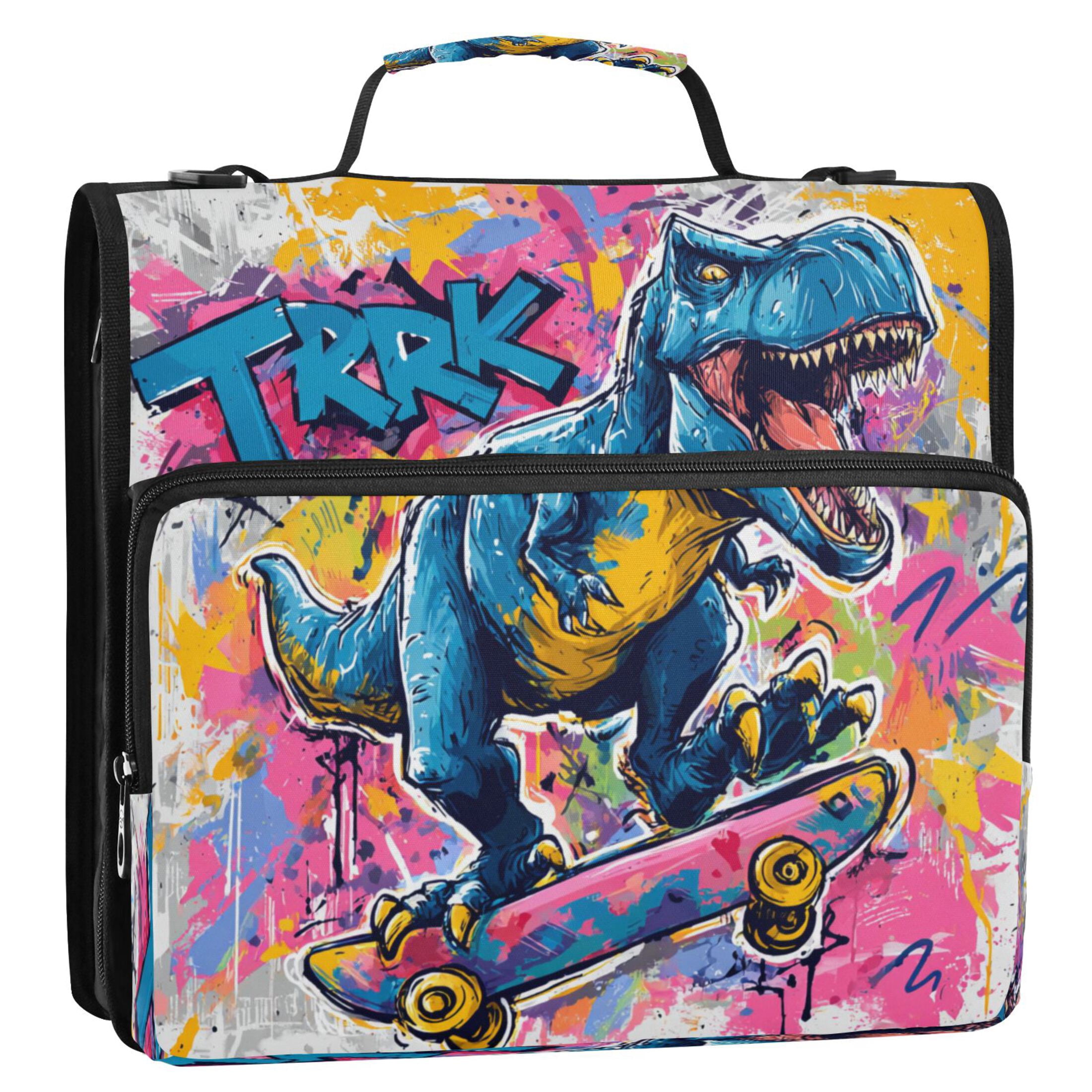 3 Ring Zipper Binder Stationery Organizer for Study Work Home Travel, All-Purpose File Folder Storage Bag for Daily Document Organization Street Art Dinosaur Design