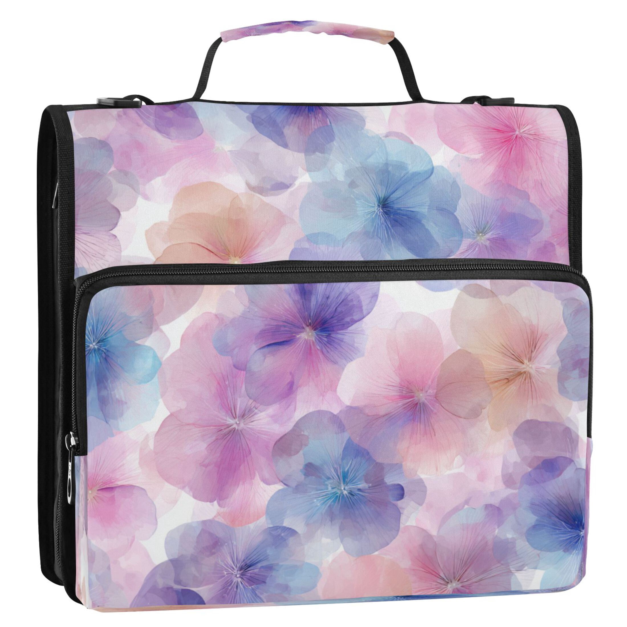 3 Ring Zipper Binder Stationery Organizer for Study Work Home Travel, All-Purpose File Folder Storage Bag for Daily Document Organization Translucent Bloom Print