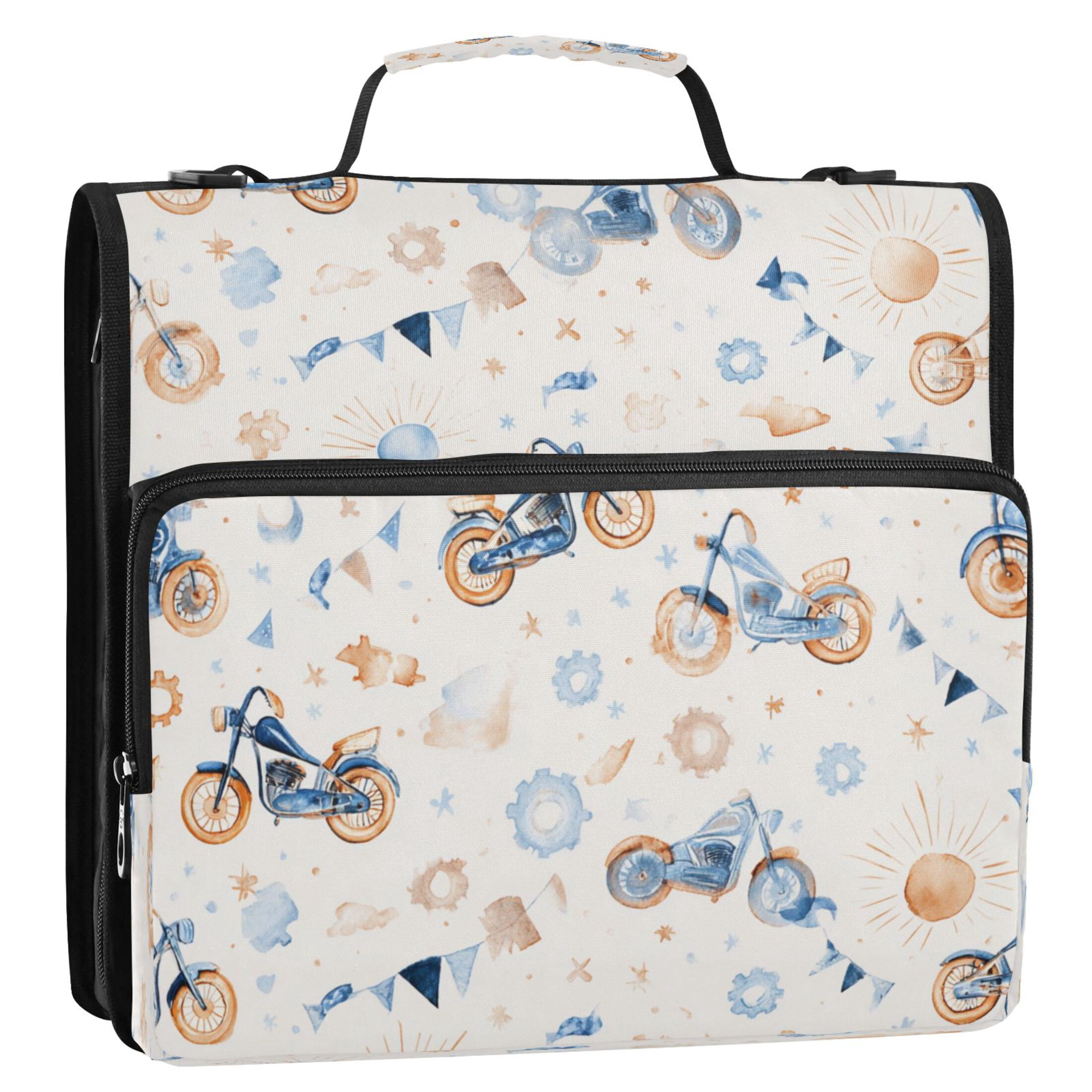 3 Ring Zipper Binder Stationery Organizer for Study Work Home Travel, All-Purpose File Folder Storage Bag for Daily Document Organization Vintage Motorcycle Collage