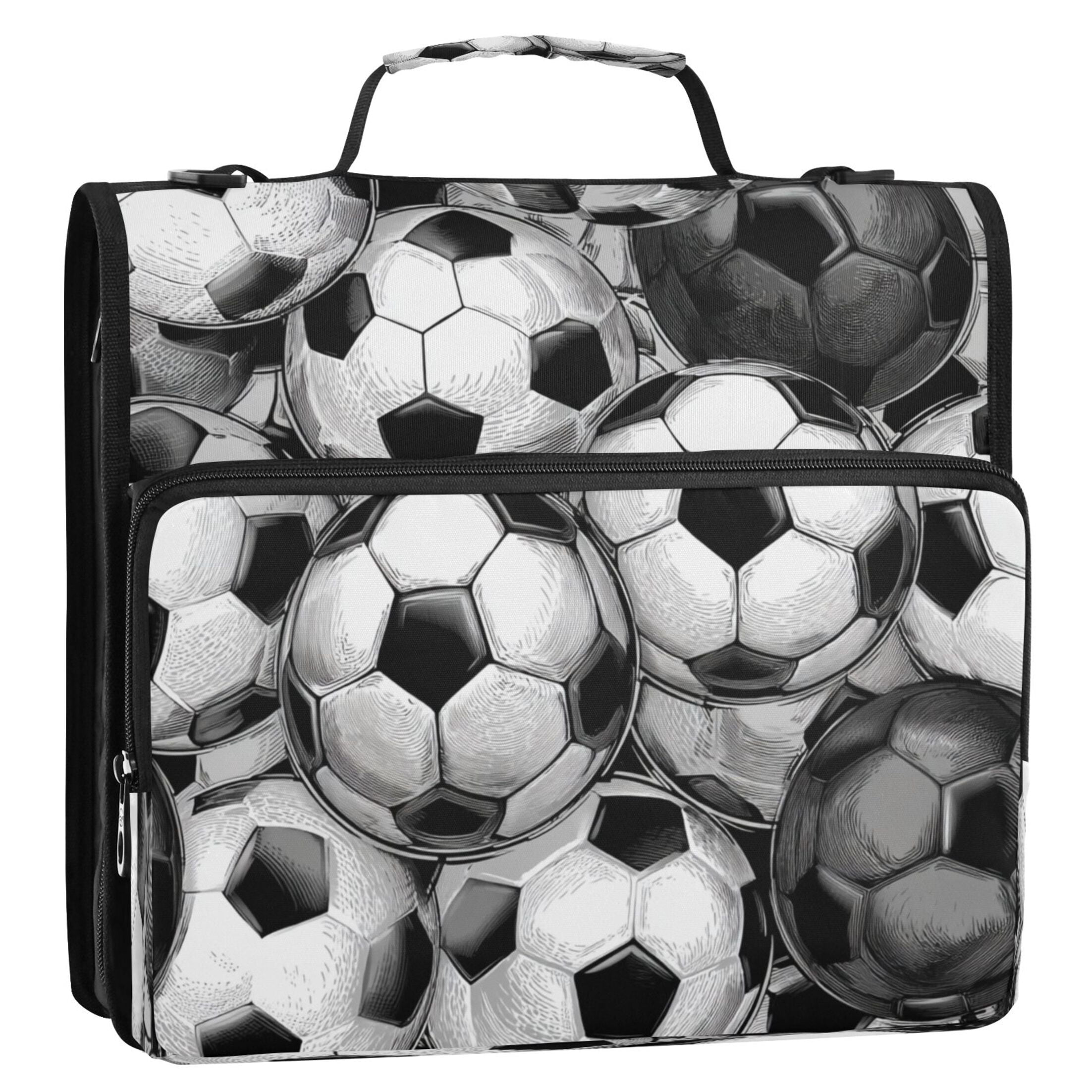 3 Ring Zipper Binder Stationery Organizer for Study Work Home Travel, All-Purpose File Folder Storage Bag for Daily Document Organization Vintage Soccer Ball Collage