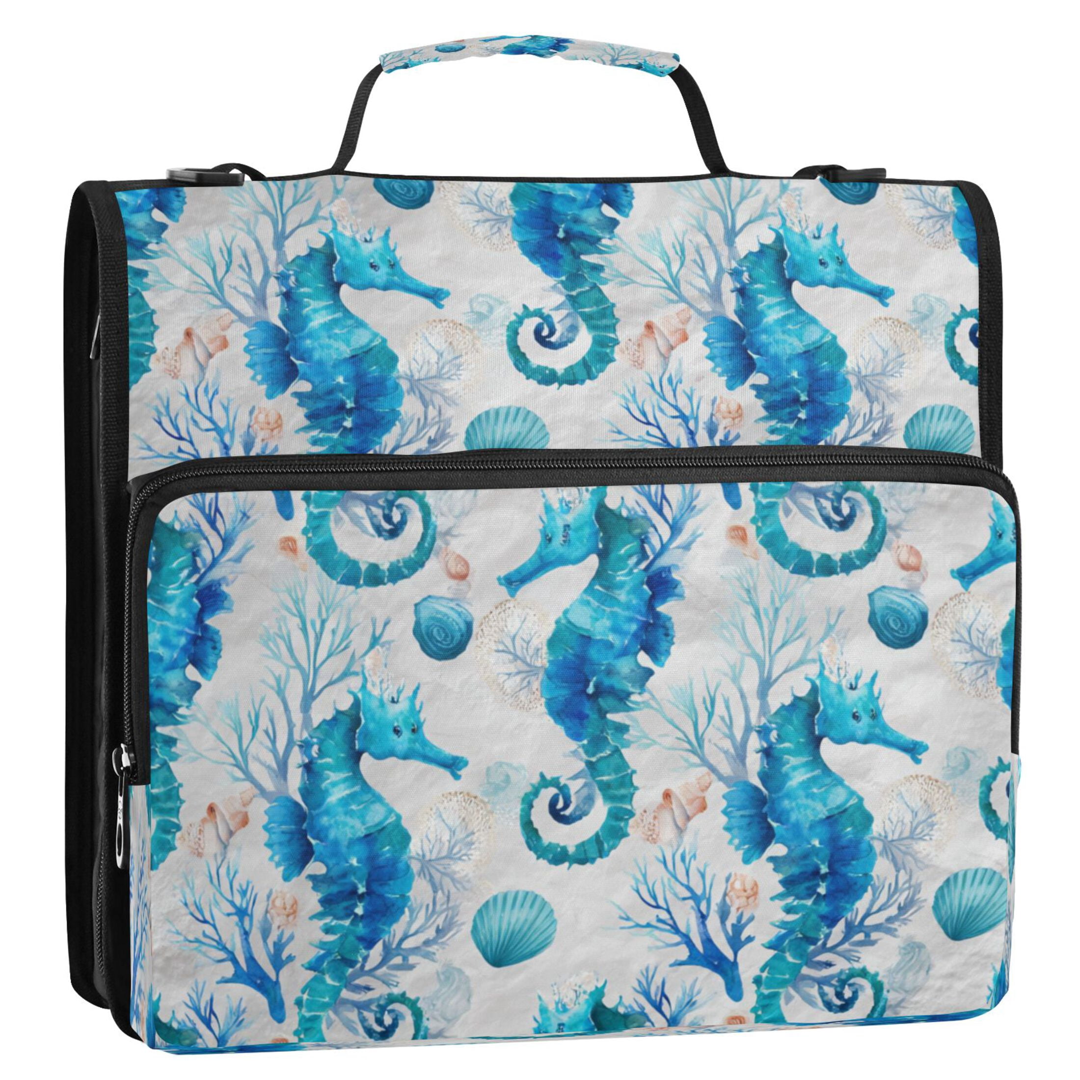 3 Ring Zipper Binder Stationery Organizer for Study Work Home Travel, All-Purpose File Folder Storage Bag for Daily Document Organization Watercolor Blue Seahorse Pattern