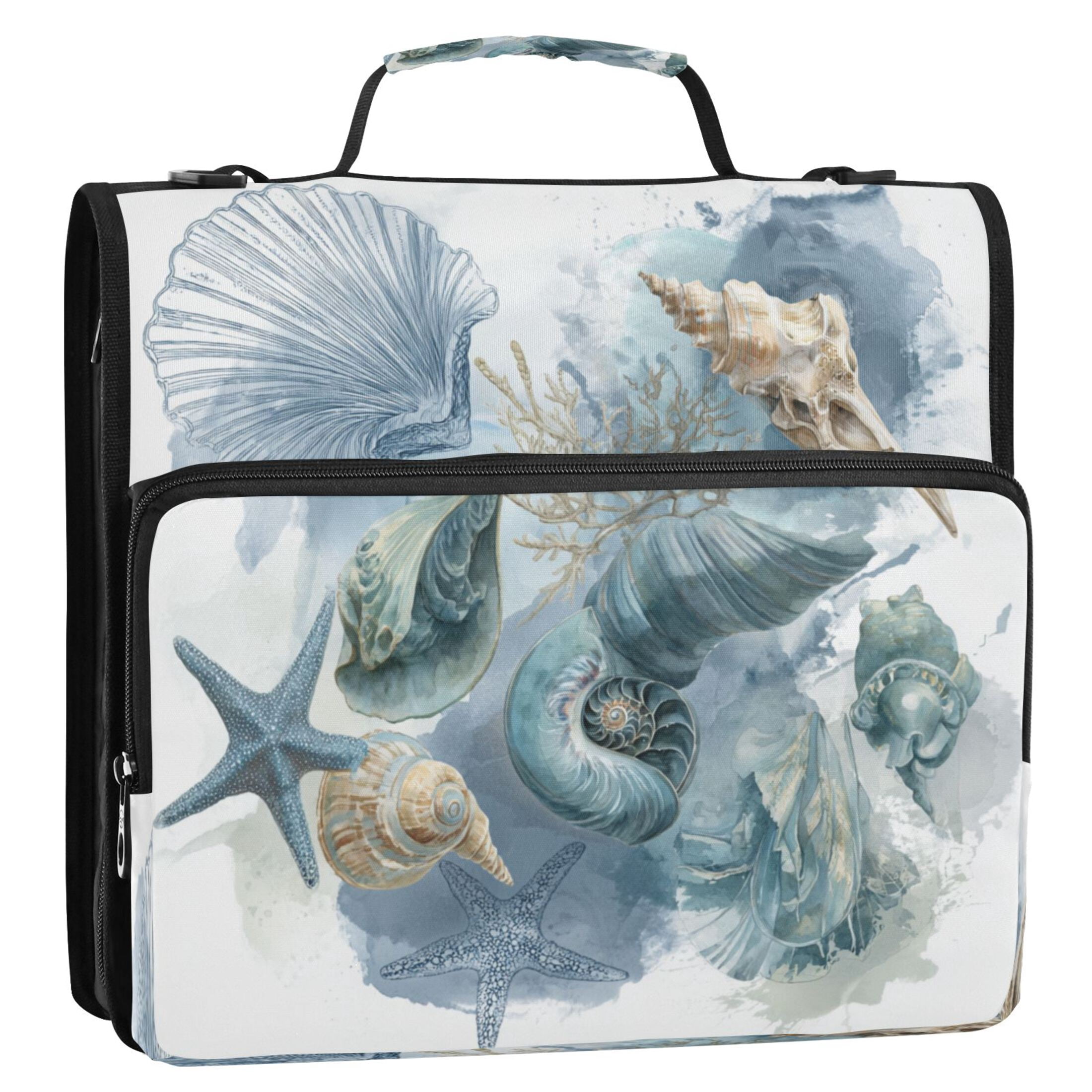 3 Ring Zipper Binder Stationery Organizer for Study Work Home Travel, All-Purpose File Folder Storage Bag for Daily Document Organization Watercolor Coastal Shell Collage