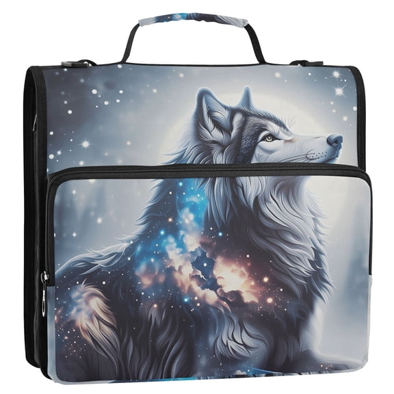 3 Ring Zipper Binder Wolf Galaxy with Strap 2 inch 500 Sheet Capacity File Folder Storage Organizer
