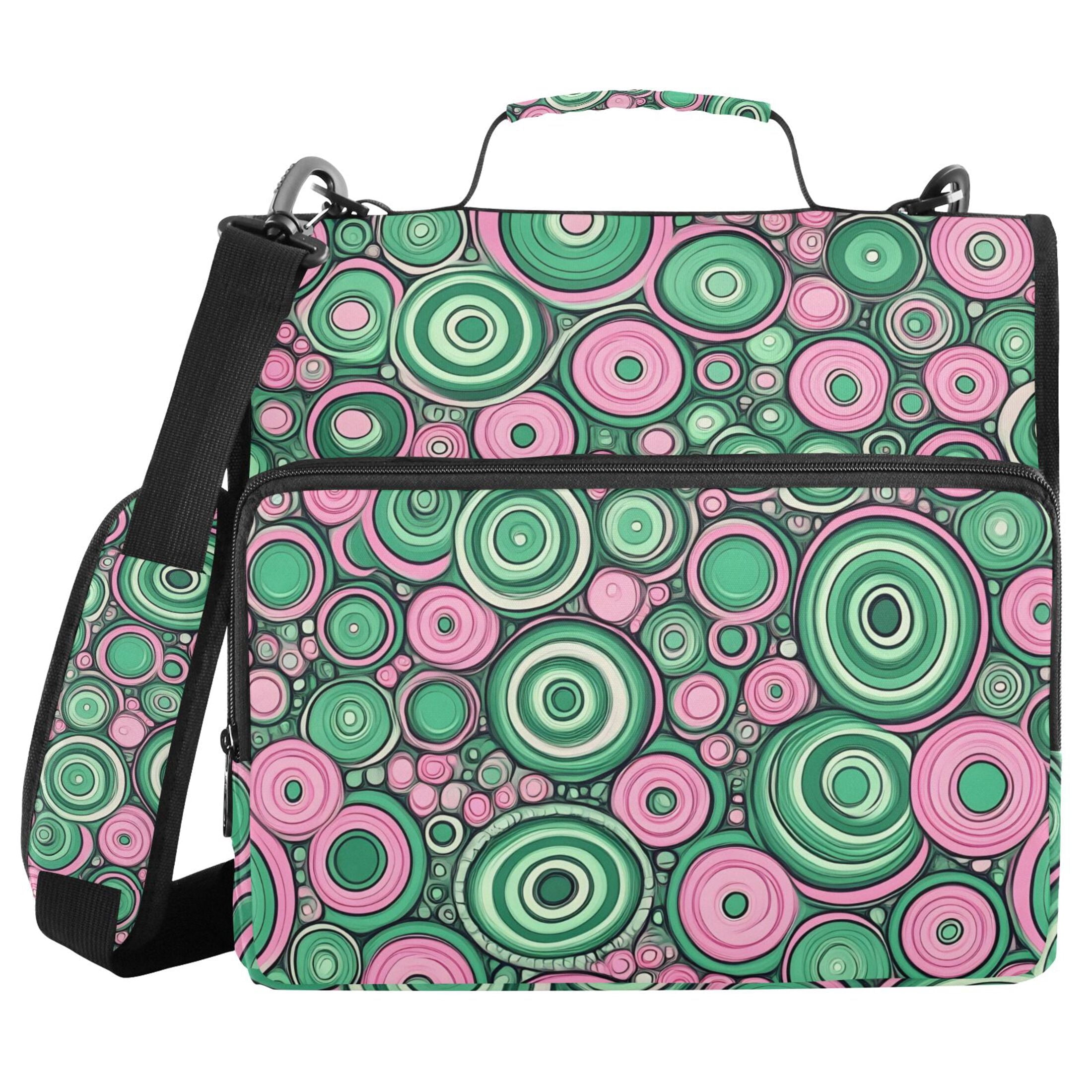3 Ring Zipper Binder with Shoulder Strap Waterproof Trapper Keeper 2 Inch D-Ring 500 Sheets Capacity Abstract Pink Green Circles