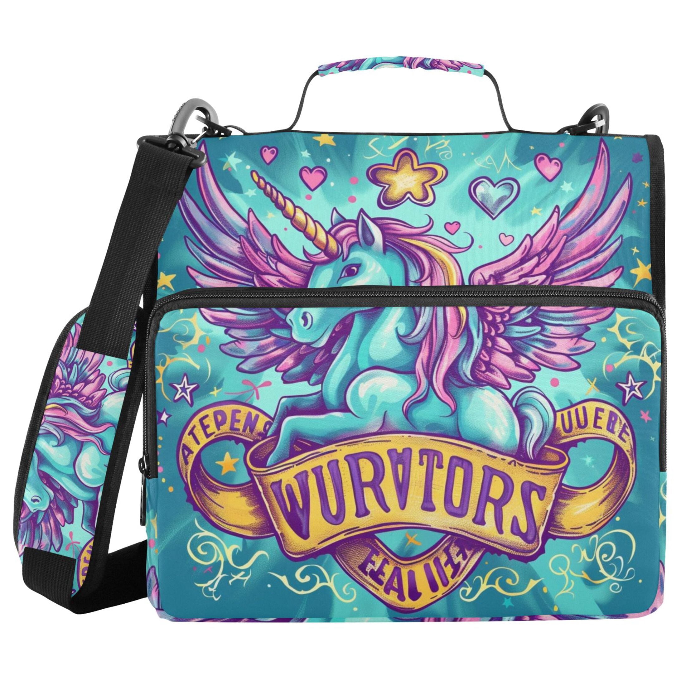 3 Ring Zipper Binder with Shoulder Strap Waterproof Trapper Keeper 2 Inch D-Ring 500 Sheets Capacity Adorable Unicorn Flying