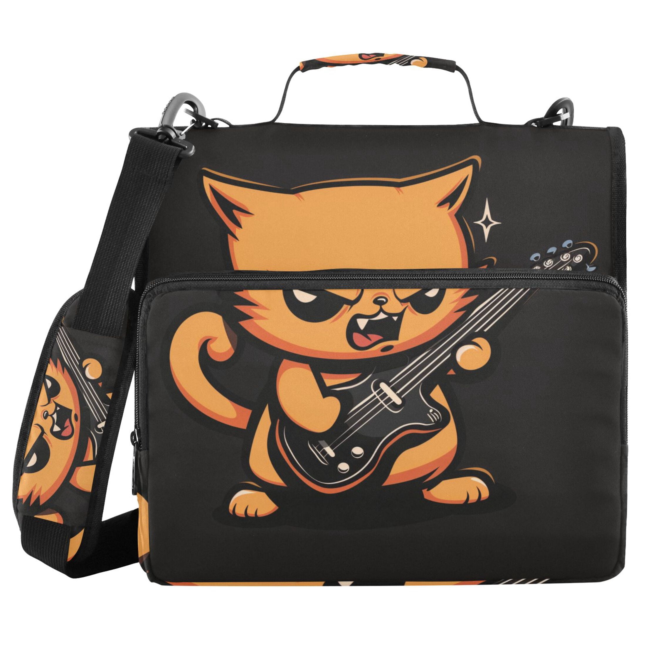 3 Ring Zipper Binder with Shoulder Strap Waterproof Trapper Keeper 2 Inch D-Ring 500 Sheets Capacity Angry Cat Playing Guitar
