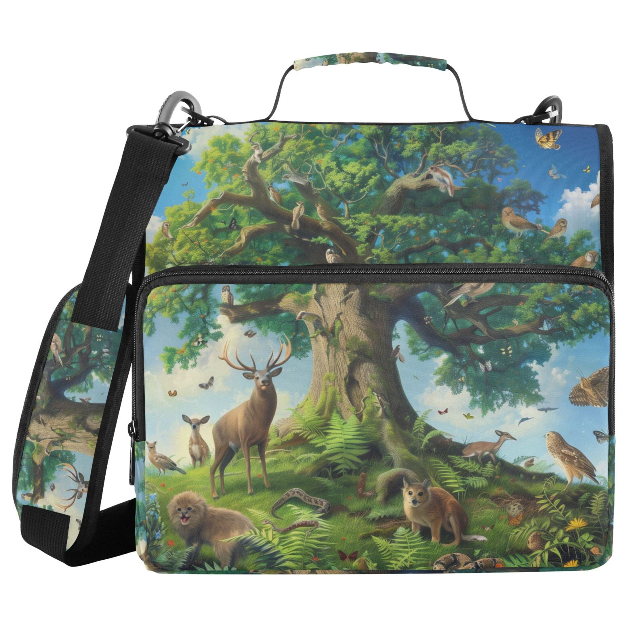 3 Ring Zipper Binder with Shoulder Strap Waterproof Trapper Keeper 2 Inch D-Ring 500 Sheets Capacity Animals Surrounded Tree