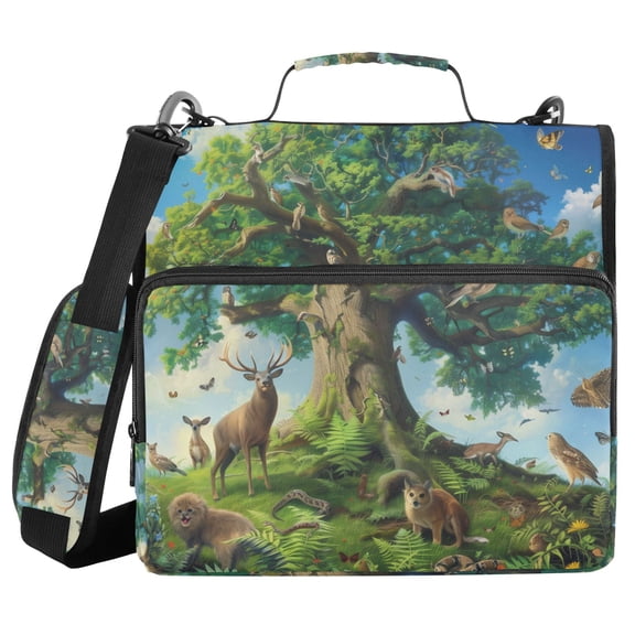 3 Ring Zipper Binder with Shoulder Strap Waterproof Trapper Keeper 2 Inch D-Ring 500 Sheets Capacity Animals Surrounded Tree