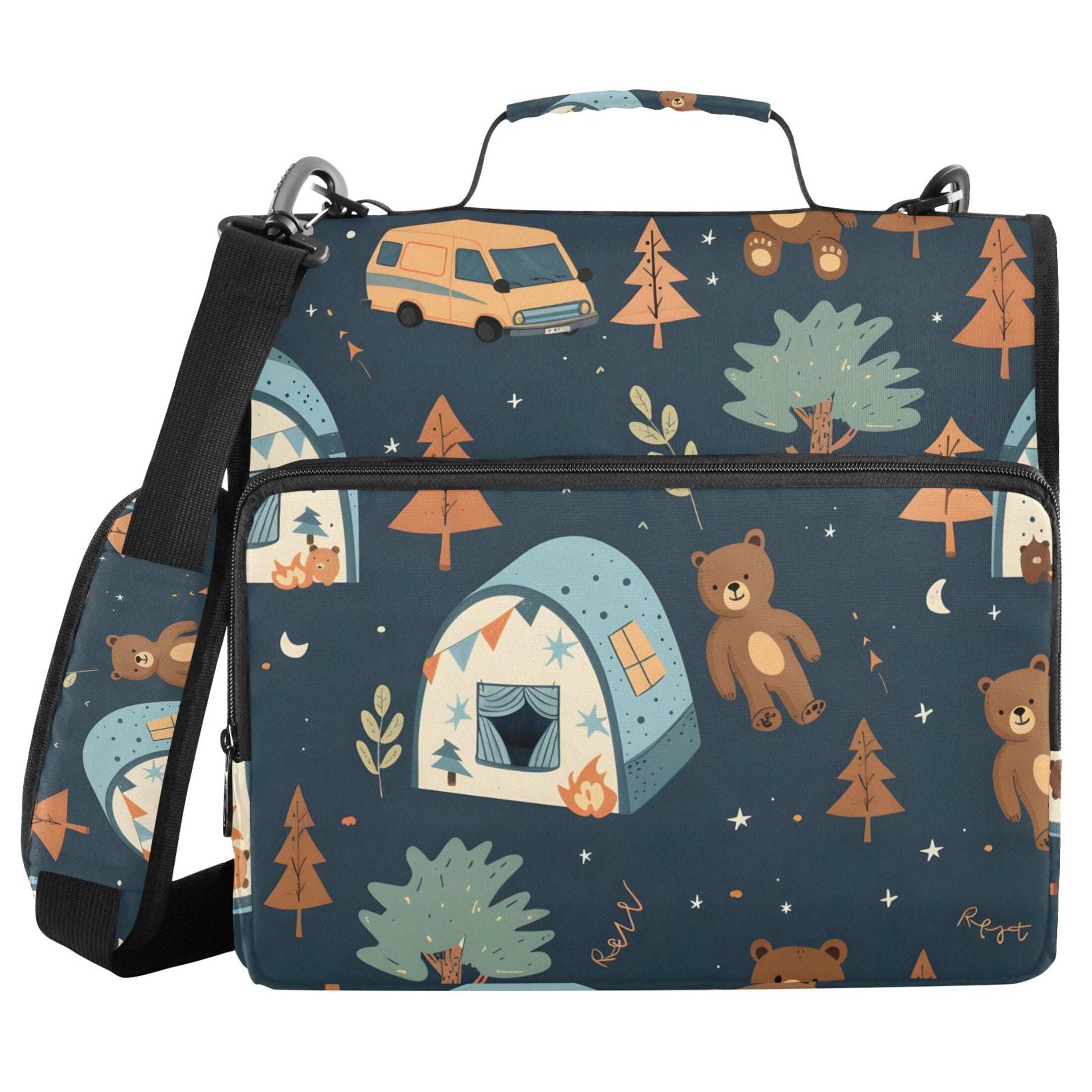 3 Ring Zipper Binder with Shoulder Strap Waterproof Trapper Keeper 2 Inch D-Ring 500 Sheets Capacity Bear Tree Car Tents
