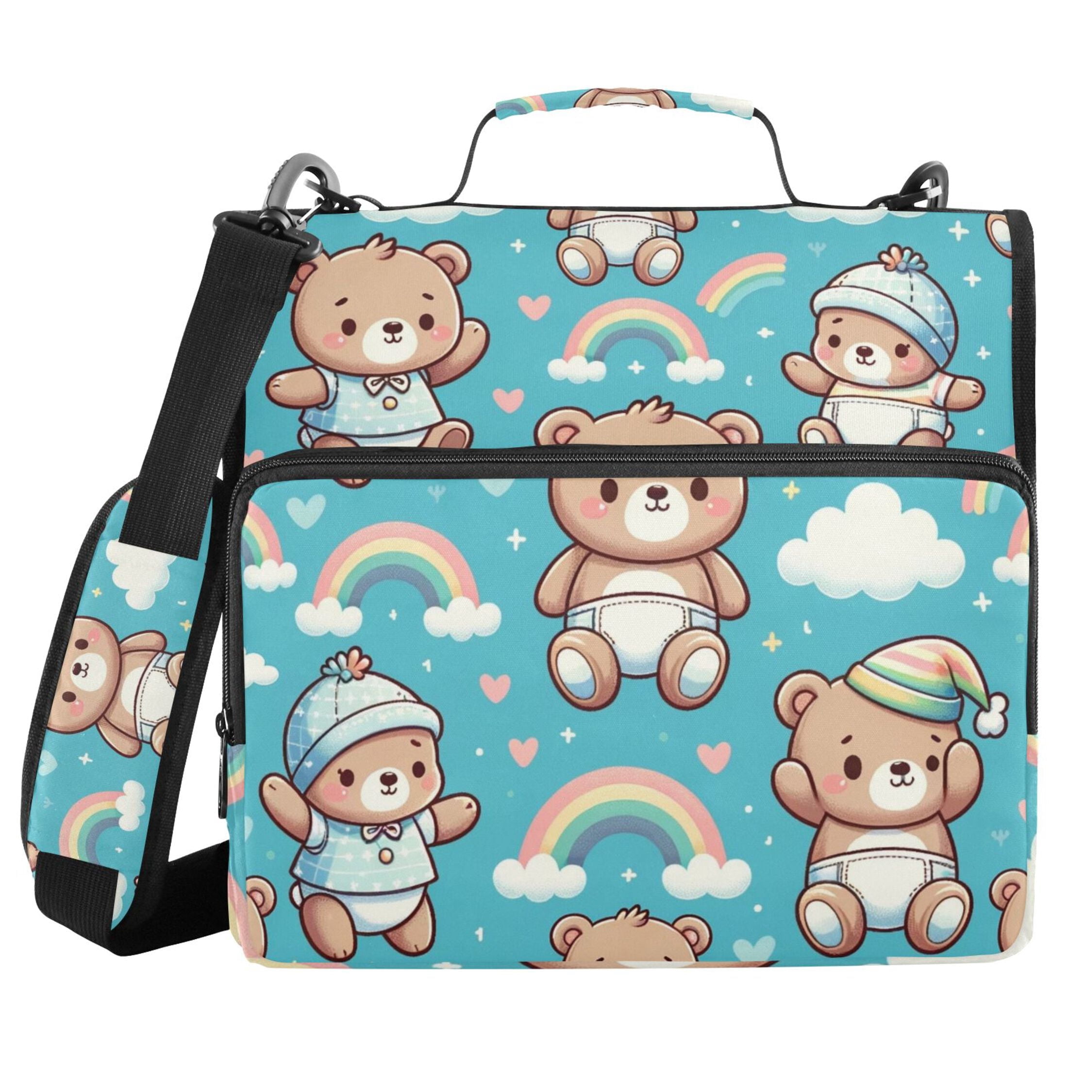 3 Ring Zipper Binder with Shoulder Strap Waterproof Trapper Keeper 2 Inch D-Ring 500 Sheets Capacity Bear with Hat and Rainbow