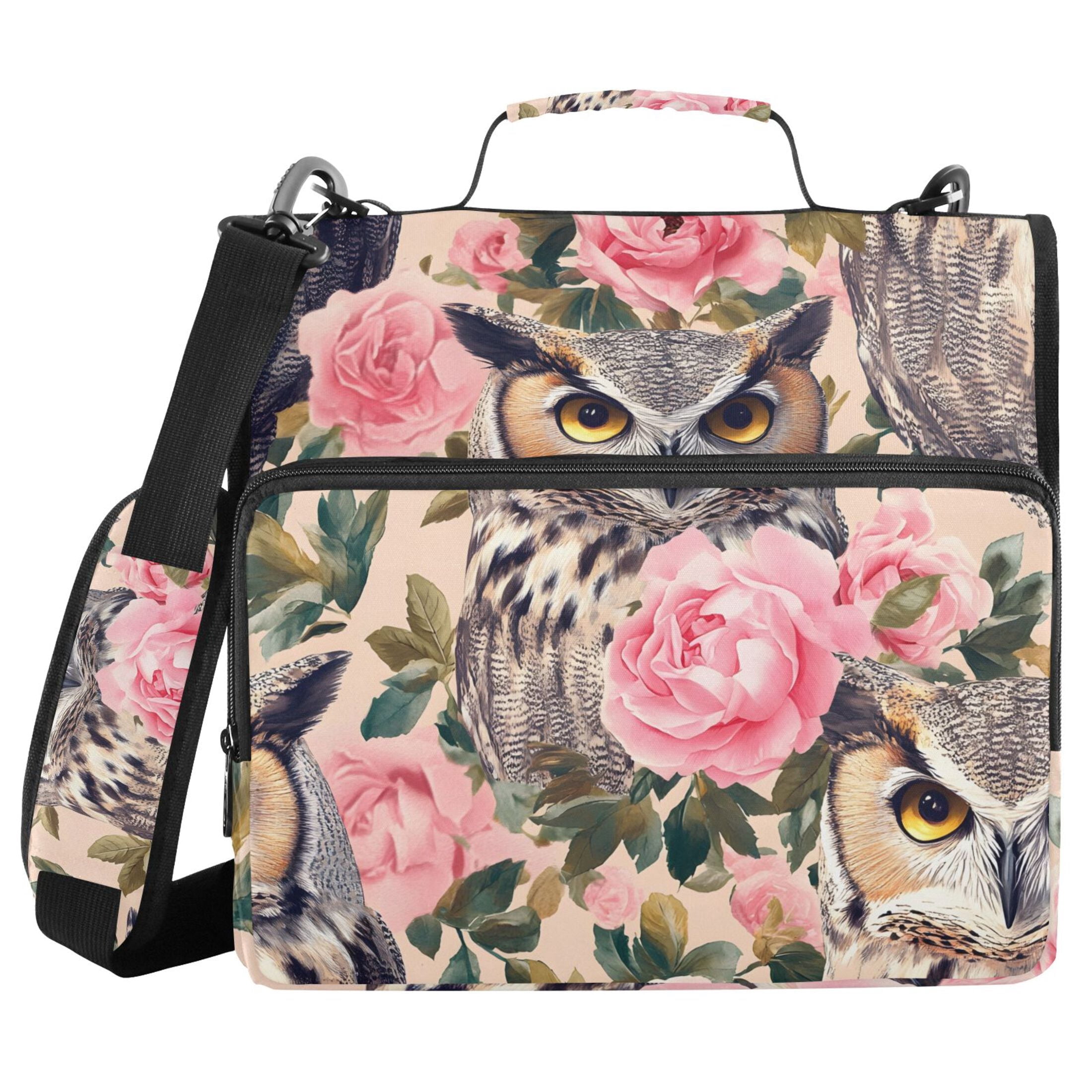 3 Ring Zipper Binder with Shoulder Strap Waterproof Trapper Keeper 2 Inch D-Ring 500 Sheets Capacity Beautiful Owls and Pink Roses
