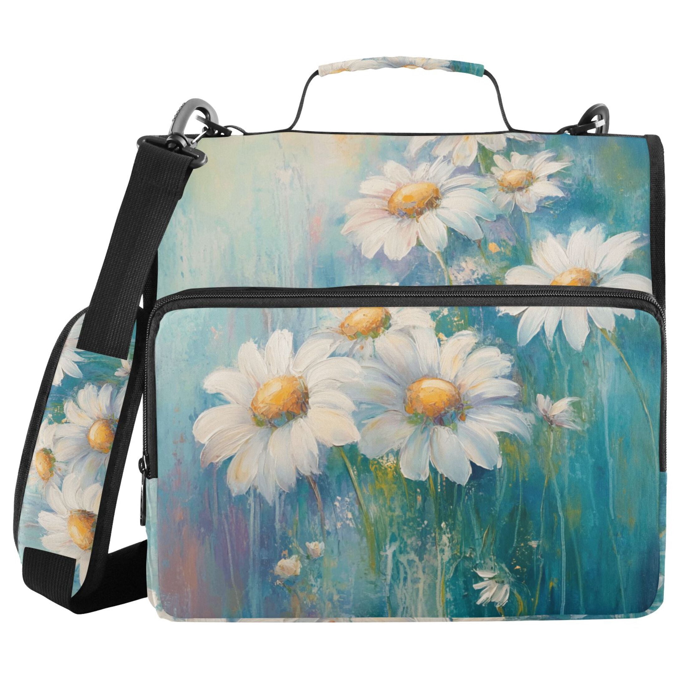 3 Ring Zipper Binder with Shoulder Strap Waterproof Trapper Keeper 2 Inch D-Ring 500 Sheets Capacity Beautiful Painting Of Daisies