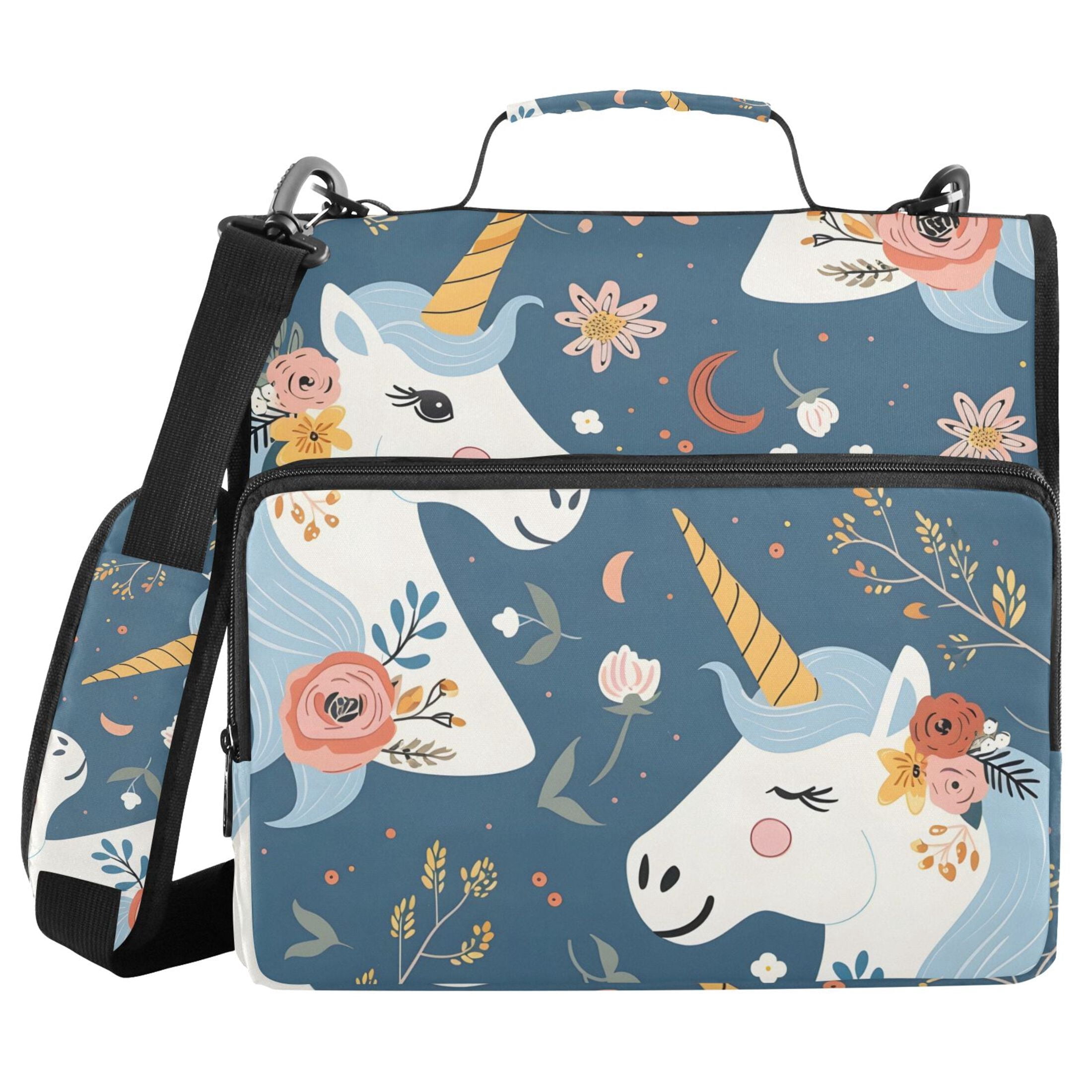 3 Ring Zipper Binder with Shoulder Strap Waterproof Trapper Keeper 2 Inch D-Ring 500 Sheets Capacity Beautiful Unicorn Head and Flower