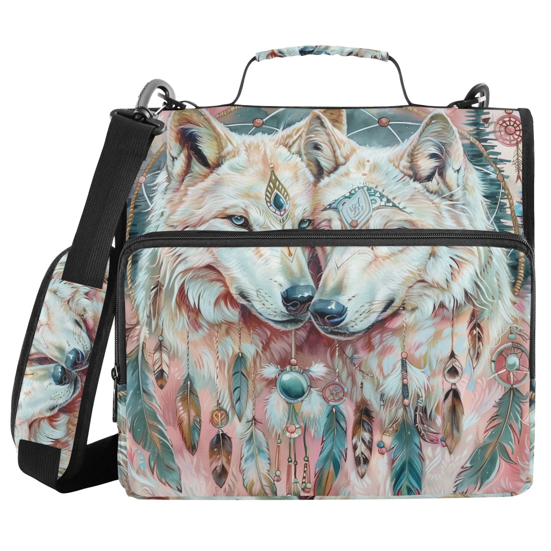 3 Ring Zipper Binder with Shoulder Strap Waterproof Trapper Keeper 2 Inch D-Ring 500 Sheets Capacity Beautiful Wolves with Feather
