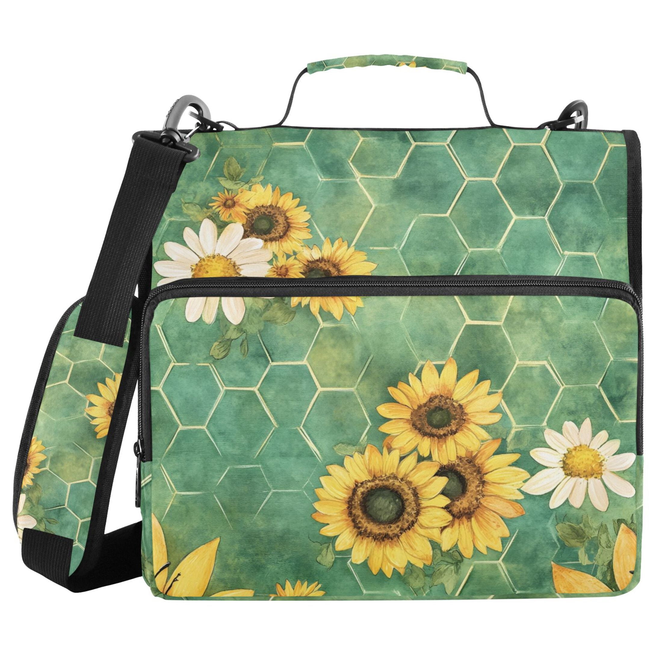 3 Ring Zipper Binder with Shoulder Strap Waterproof Trapper Keeper 2 Inch D-Ring 500 Sheets Capacity Bee Beehive Sunflower