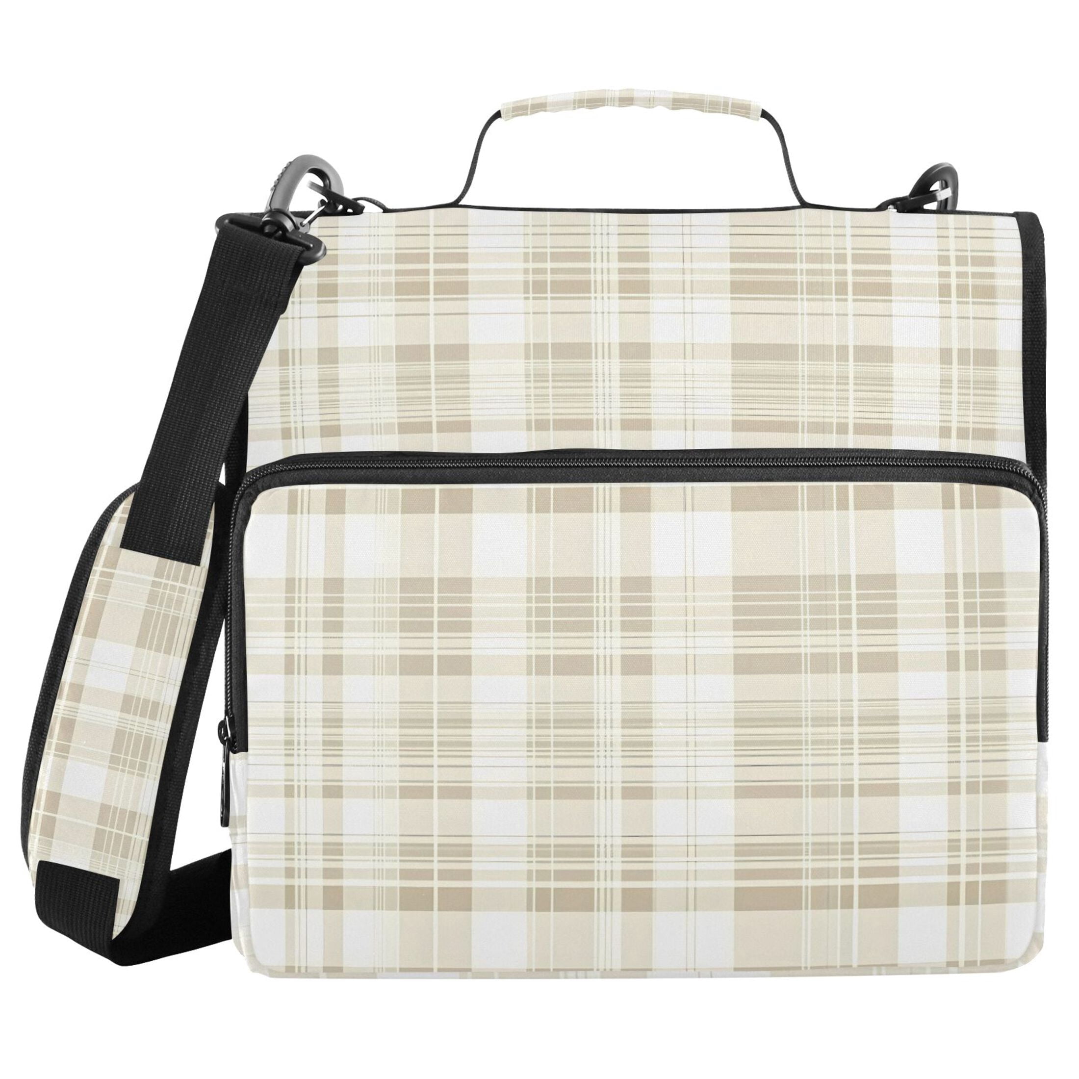 3 Ring Zipper Binder with Shoulder Strap Waterproof Trapper Keeper 2 Inch D-Ring 500 Sheets Capacity Beige and White Plaid