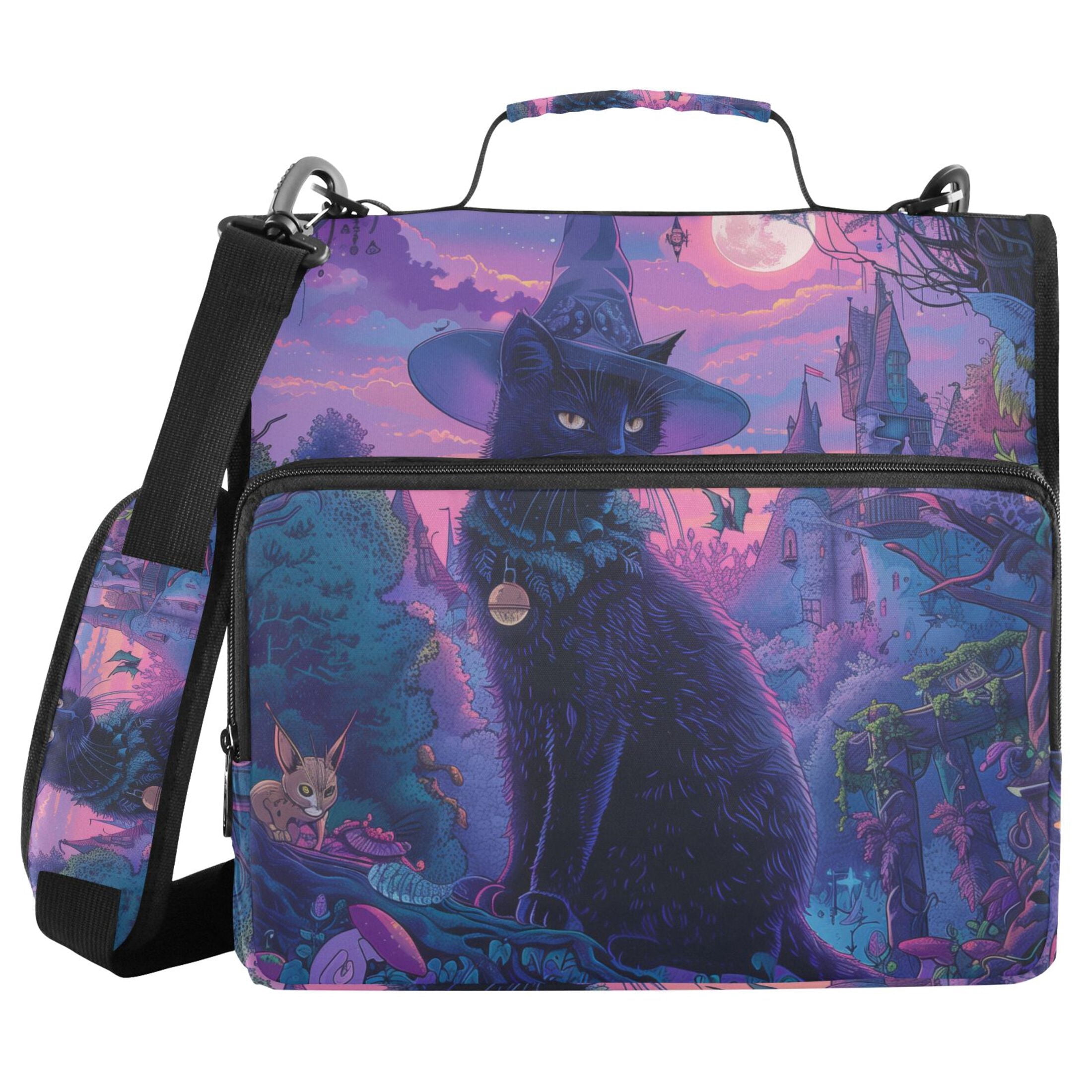 3 Ring Zipper Binder with Shoulder Strap Waterproof Trapper Keeper 2 Inch D-Ring 500 Sheets Capacity Black Cat with Wizard Hat