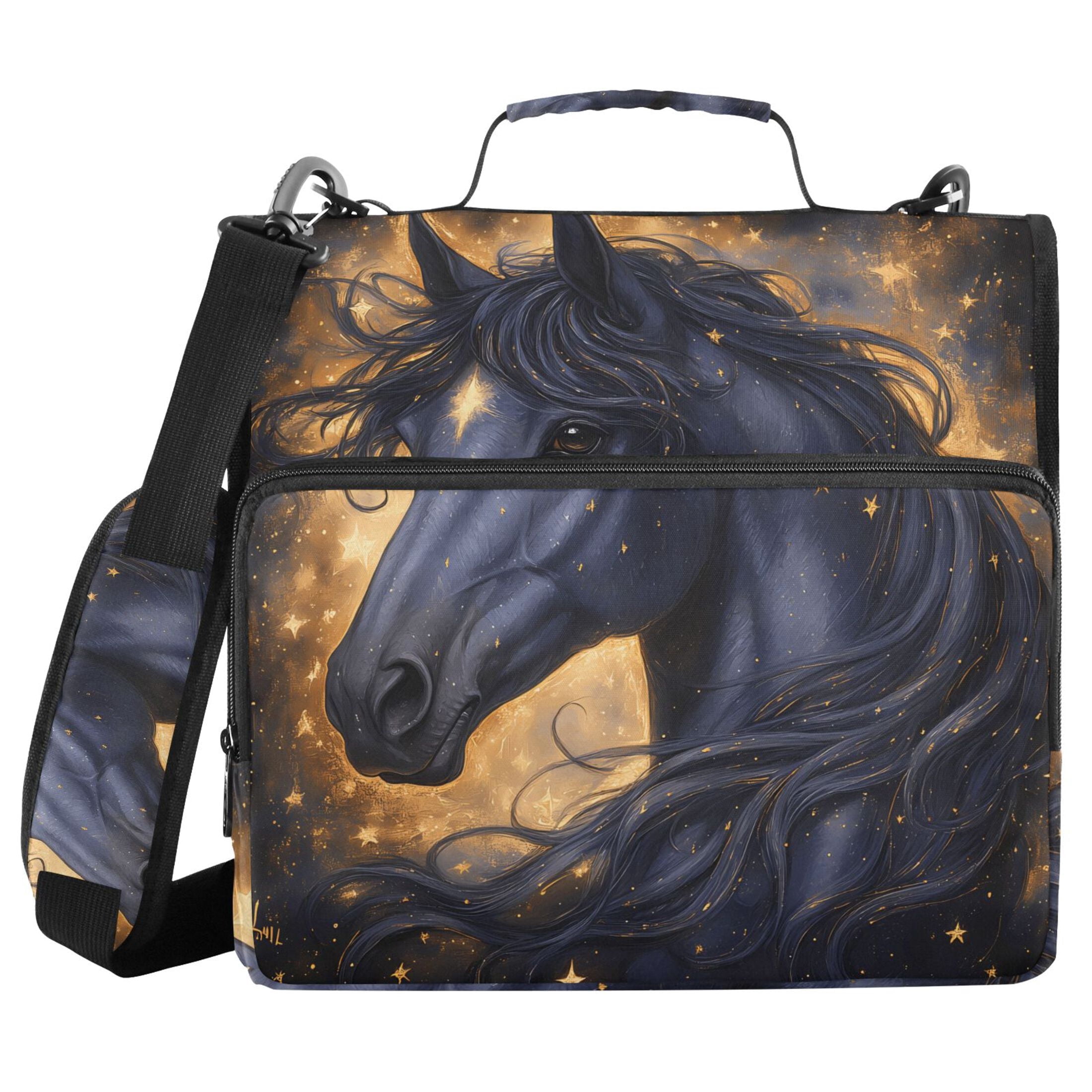 3 Ring Zipper Binder with Shoulder Strap Waterproof Trapper Keeper 2 Inch D-Ring 500 Sheets Capacity Black Horse with Stars