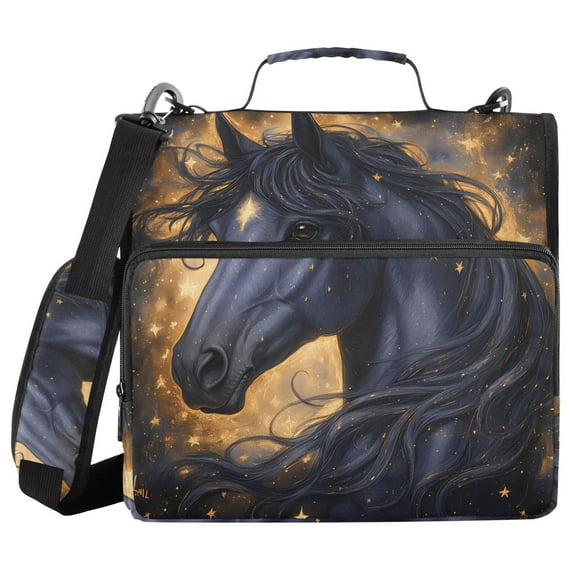 3 Ring Zipper Binder with Shoulder Strap Waterproof Trapper Keeper 1.5 Inch D-Ring 500 Sheets Capacity Black Horse with Stars