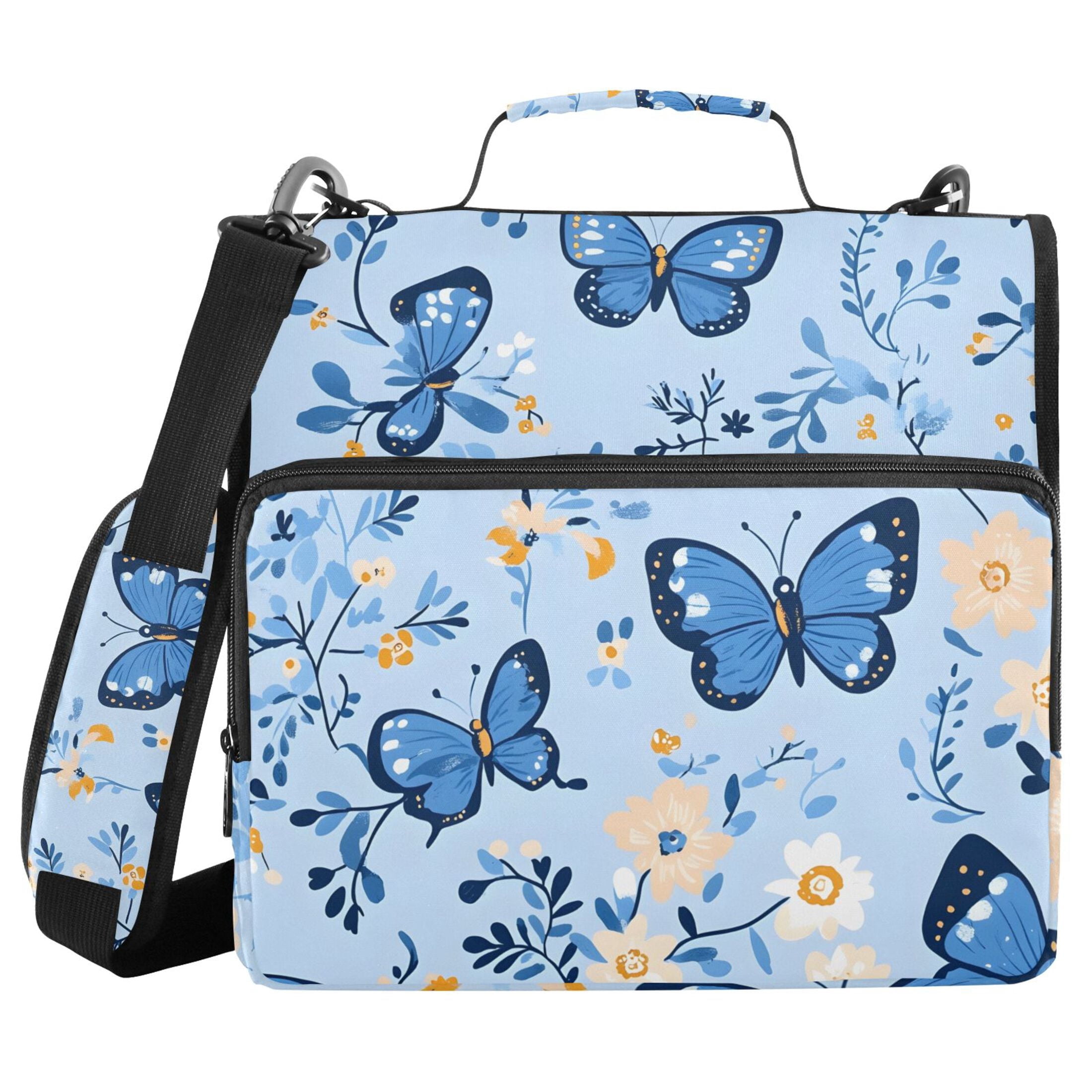 3 Ring Zipper Binder with Shoulder Strap Waterproof Trapper Keeper 2 Inch D-Ring 500 Sheets Capacity Blue Butterflies and Flowers