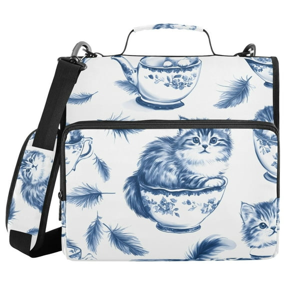 3 Ring Zipper Binder with Shoulder Strap Waterproof Trapper Keeper 1.5 Inch D-Ring 500 Sheets Capacity Blue Cat in Cup