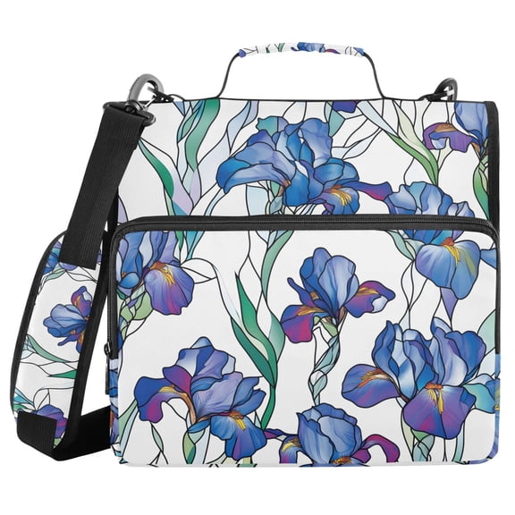 3 Ring Zipper Binder with Shoulder Strap Waterproof Trapper Keeper 2 Inch D-Ring 500 Sheets Capacity Blue Irises Colored Glass