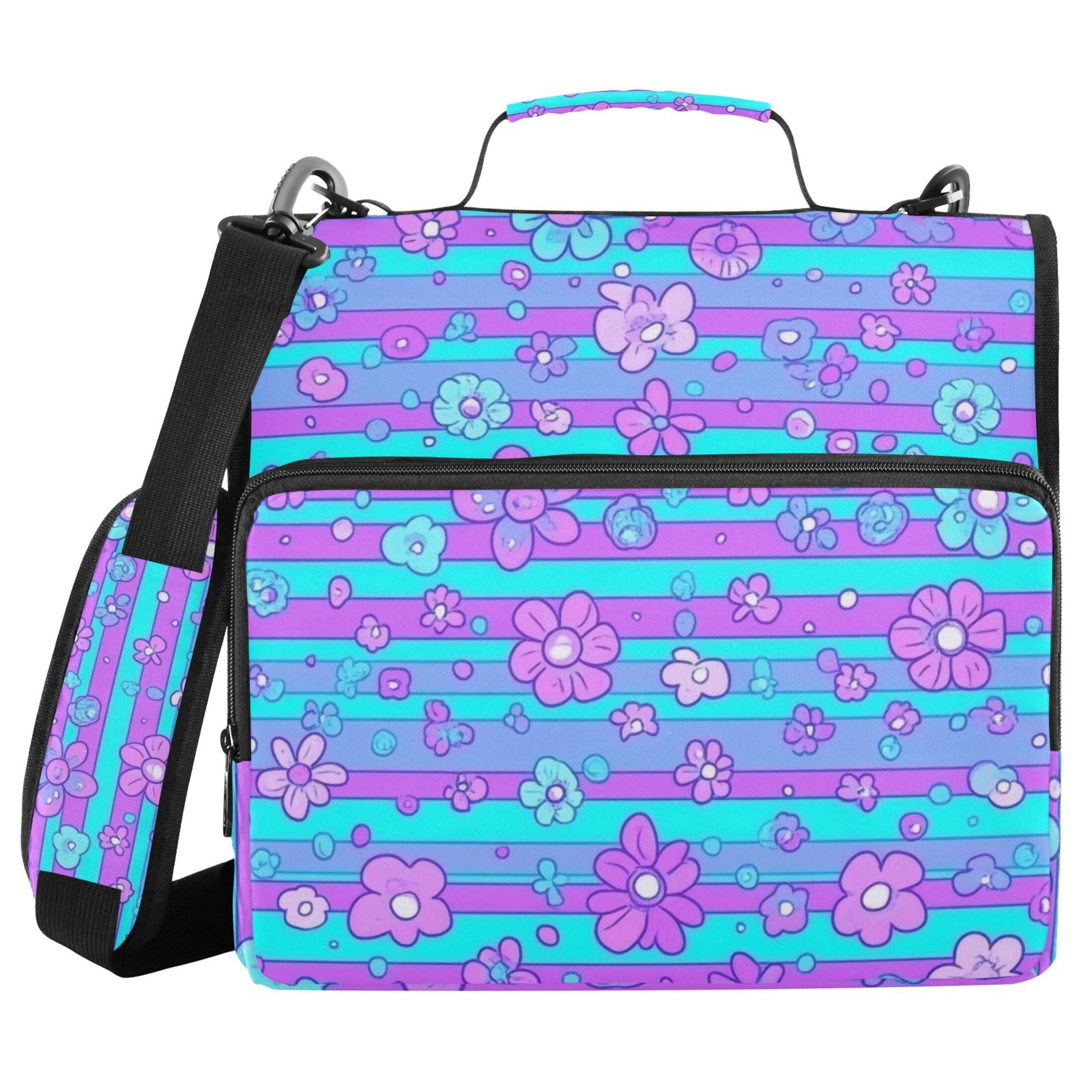3 Ring Zipper Binder with Shoulder Strap Waterproof Trapper Keeper 2 Inch D-Ring 500 Sheets Capacity Blue Pink Stripes with Flowers