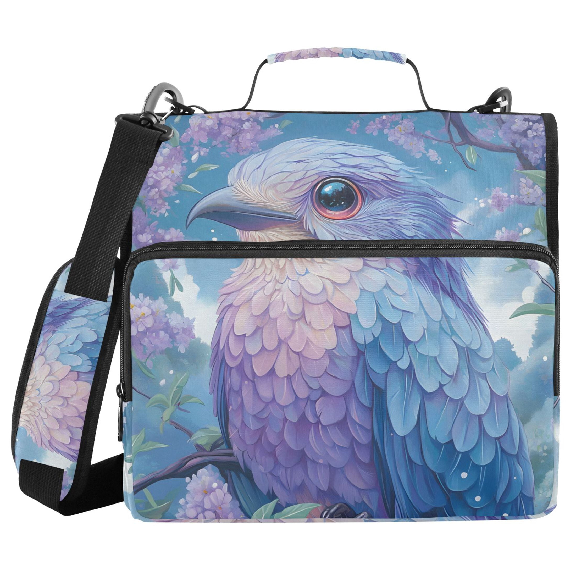 3 Ring Zipper Binder with Shoulder Strap Waterproof Trapper Keeper 2 Inch D-Ring 500 Sheets Capacity Blue Purple Bird and Flower