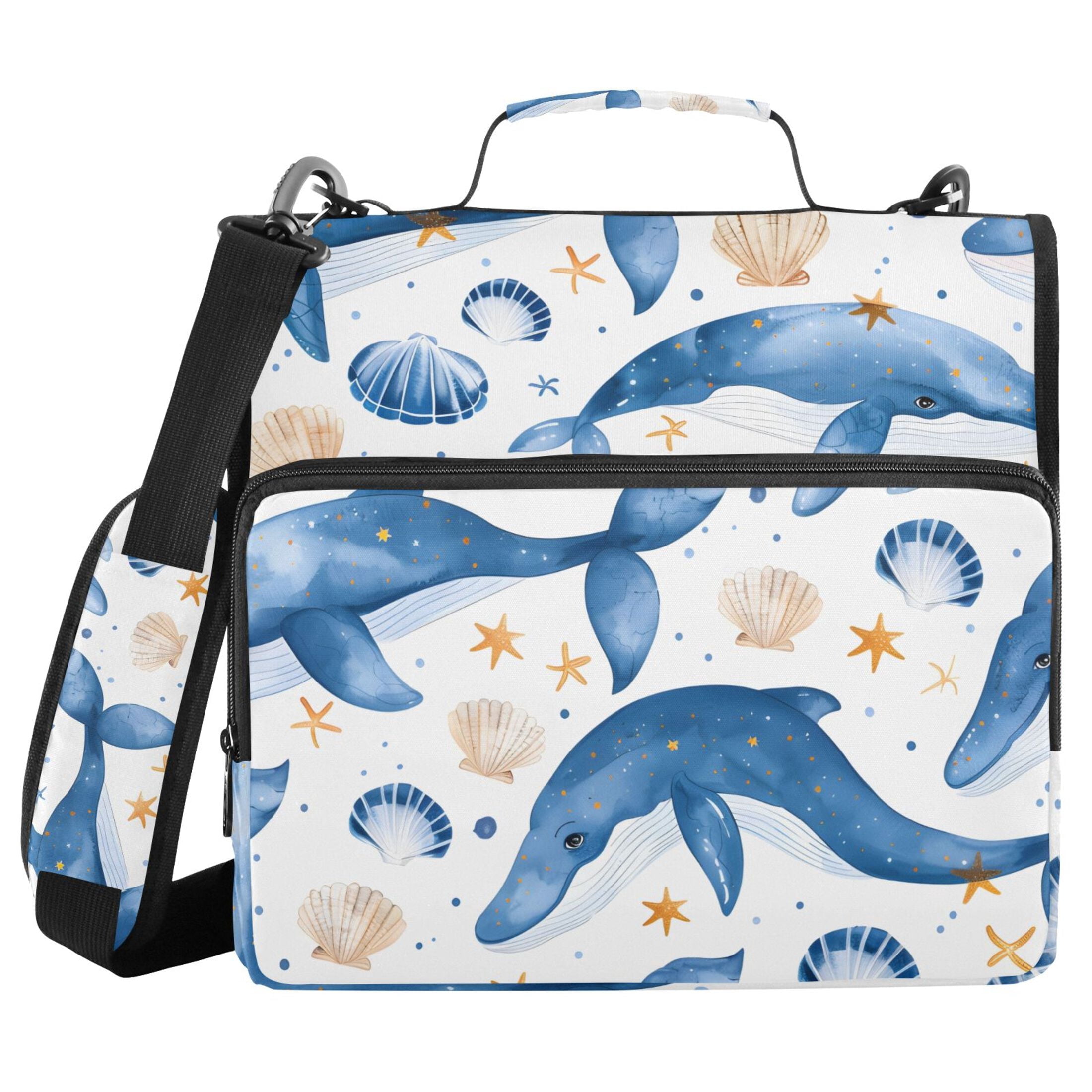 3 Ring Zipper Binder with Shoulder Strap Waterproof Trapper Keeper 2 Inch D-Ring 500 Sheets Capacity Blue Whales Seashells Stars