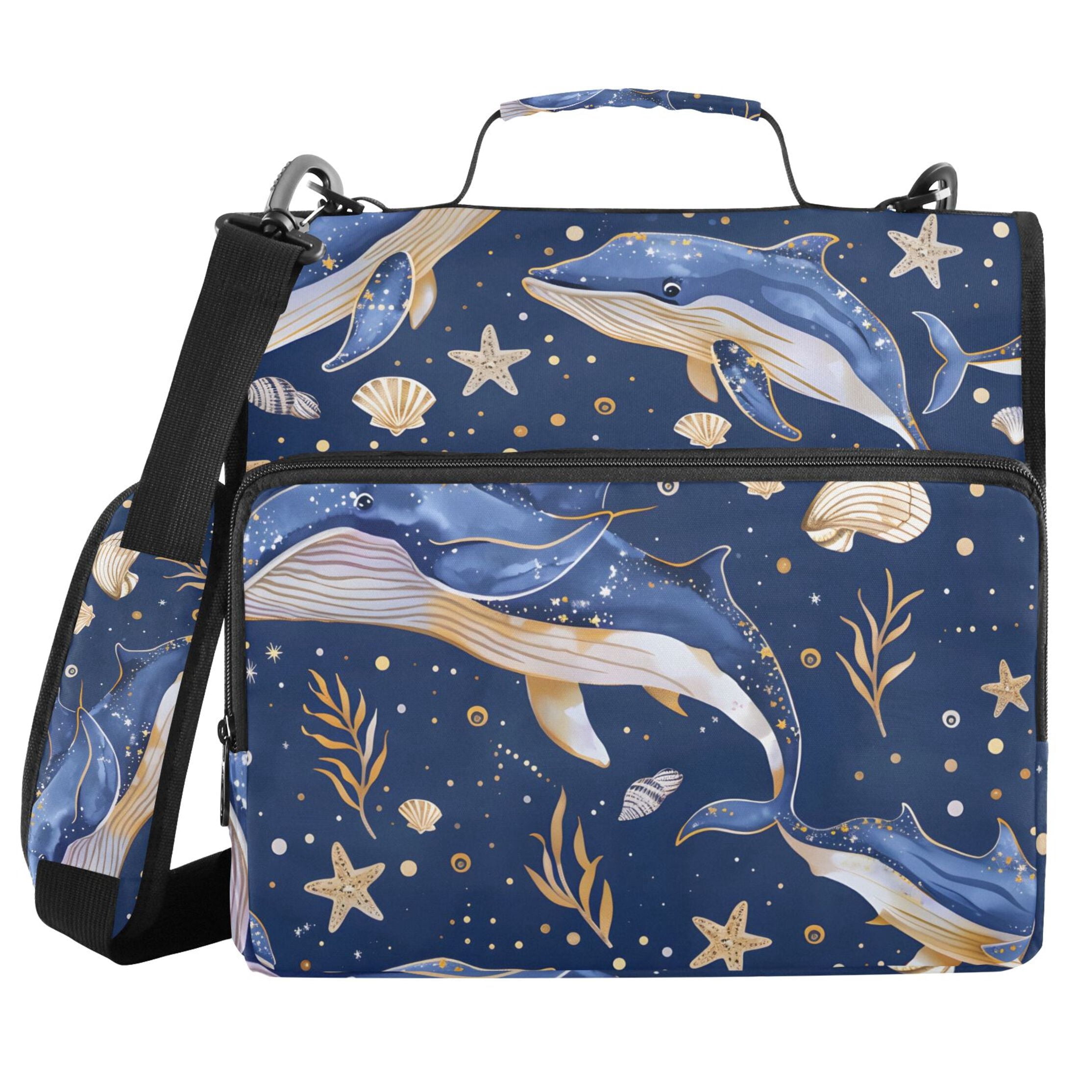 3 Ring Zipper Binder with Shoulder Strap Waterproof Trapper Keeper 2 Inch D-Ring 500 Sheets Capacity Blue Whales Star Seaweed