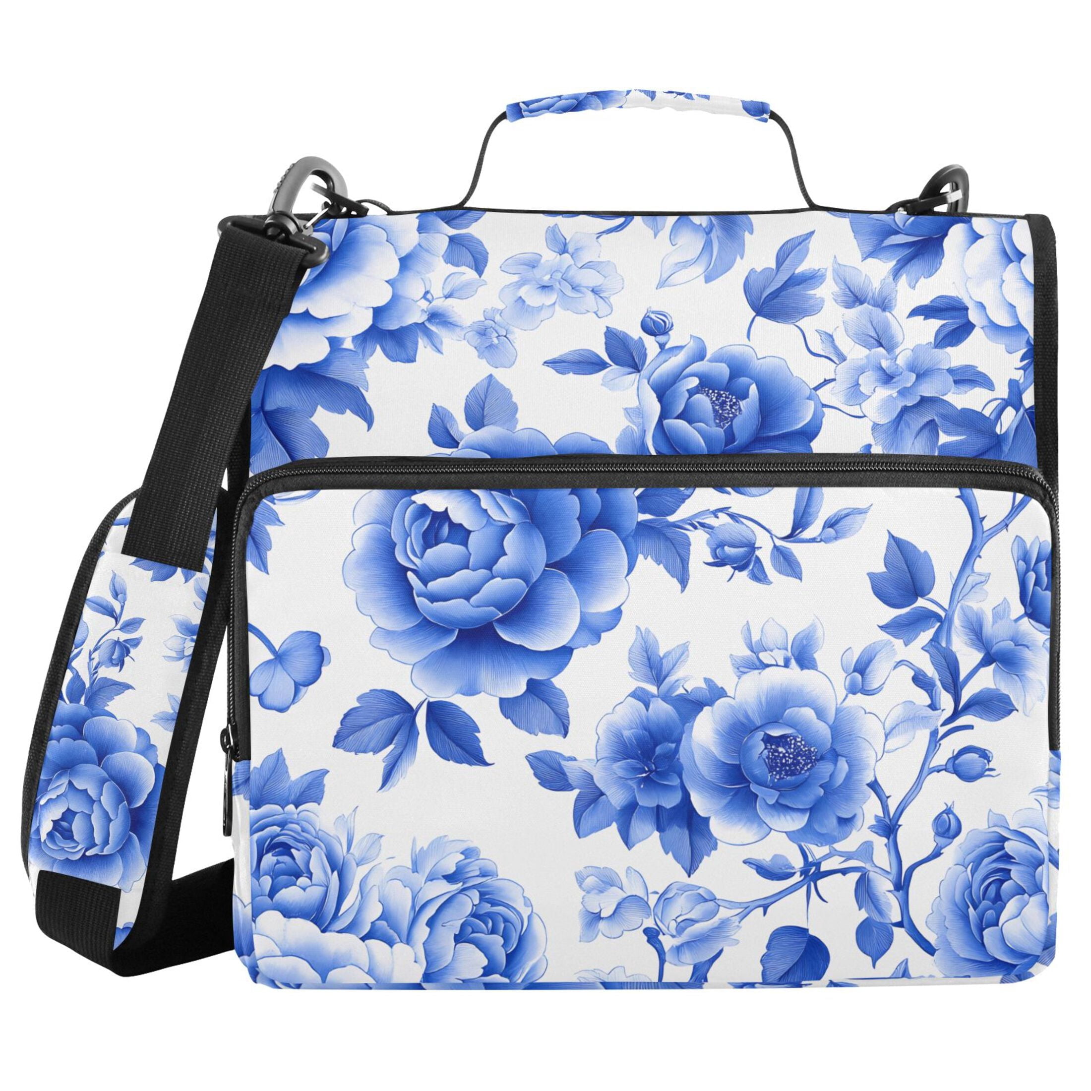 3 Ring Zipper Binder with Shoulder Strap Waterproof Trapper Keeper 2 Inch D-Ring 500 Sheets Capacity Blue White Porcelain with Roses