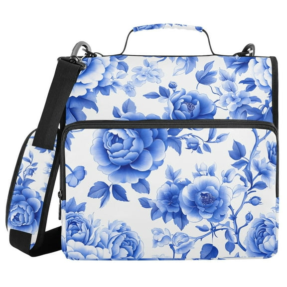 3 Ring Zipper Binder with Shoulder Strap Waterproof Trapper Keeper 1.5 Inch D-Ring 500 Sheets Capacity Blue White Porcelain with Roses