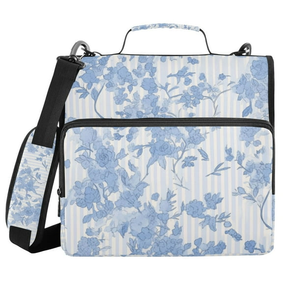 3 Ring Zipper Binder with Shoulder Strap Waterproof Trapper Keeper 1.5 Inch D-Ring 500 Sheets Capacity Blue White Stripes and Blue Flowers