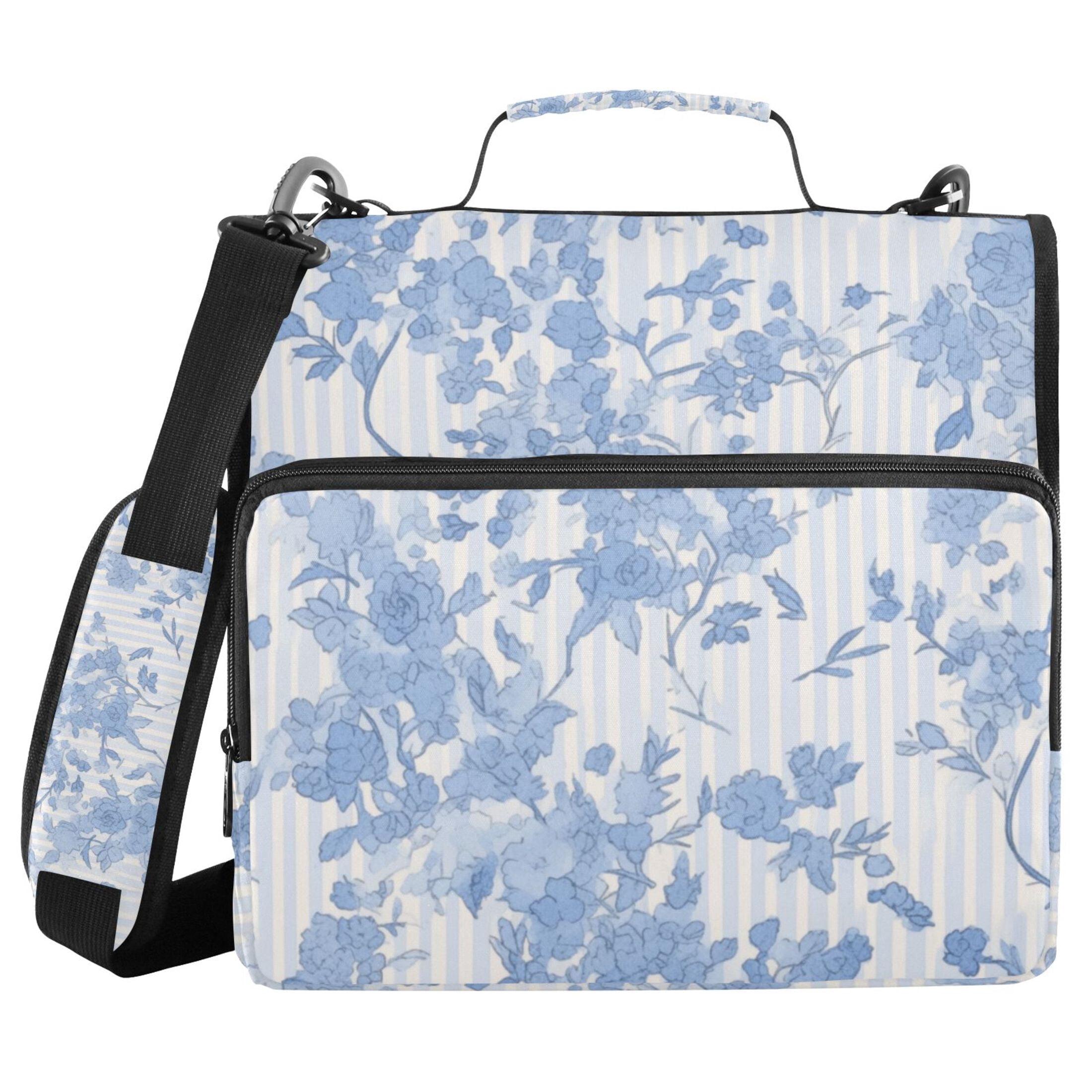 3 Ring Zipper Binder with Shoulder Strap Waterproof Trapper Keeper 2 Inch D-Ring 500 Sheets Capacity Blue White Stripes and Blue Flowers