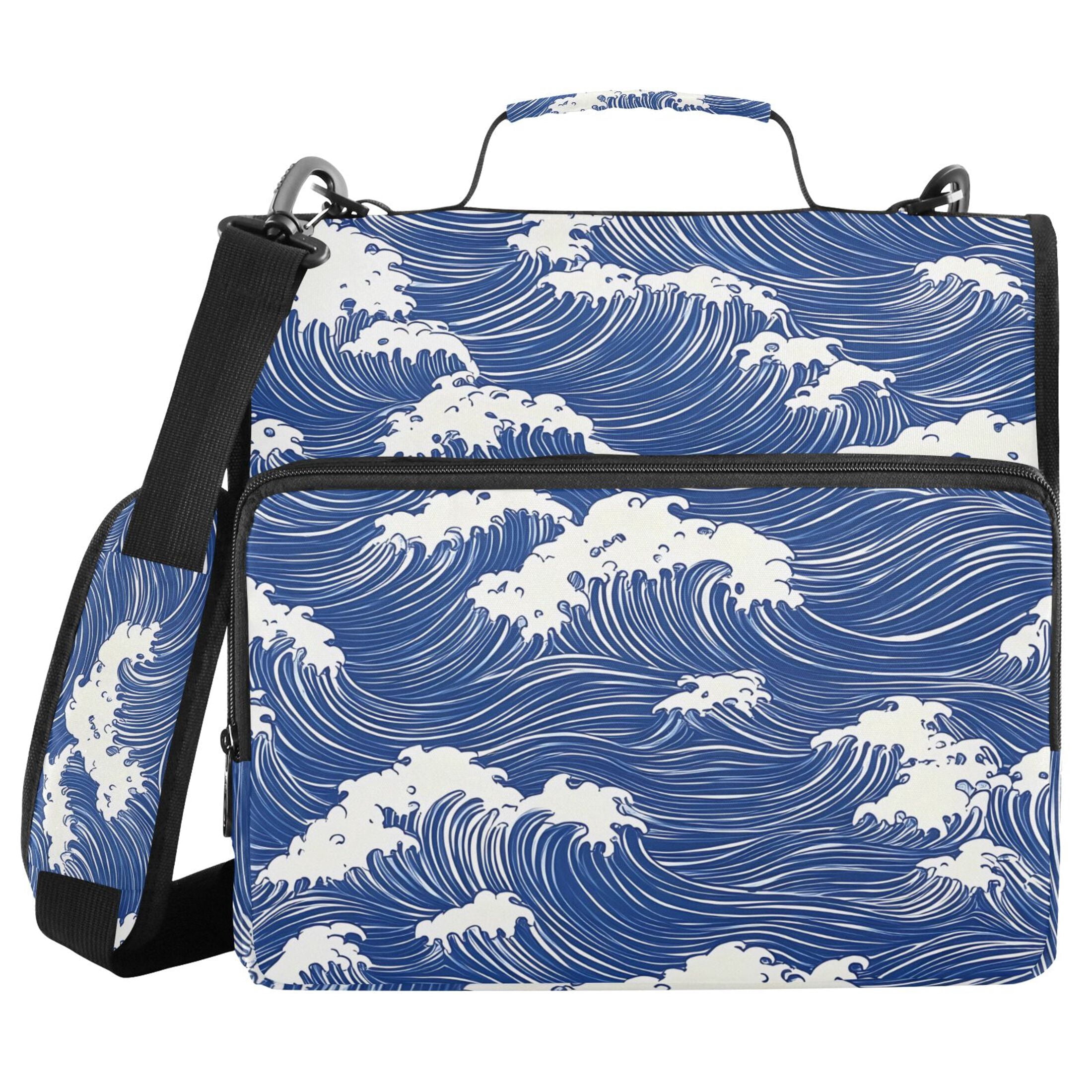 3 Ring Zipper Binder with Shoulder Strap Waterproof Trapper Keeper 2 Inch D-Ring 500 Sheets Capacity Blue White Wave