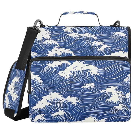 3 Ring Zipper Binder with Shoulder Strap Waterproof Trapper Keeper 2 Inch D-Ring 500 Sheets Capacity Blue White Wave