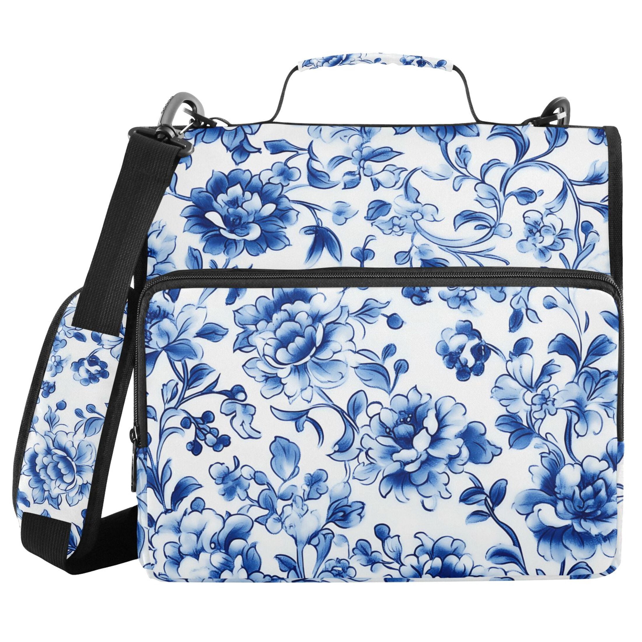 3 Ring Zipper Binder with Shoulder Strap Waterproof Trapper Keeper 2 Inch D-Ring 500 Sheets Capacity Blue and White Porcelain Floral