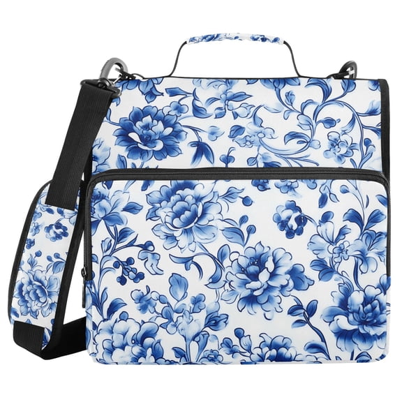 3 Ring Zipper Binder with Shoulder Strap Waterproof Trapper Keeper 2 Inch D-Ring 500 Sheets Capacity Blue and White Porcelain Floral