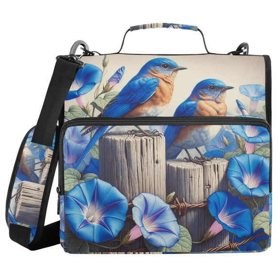 3 Ring Zipper Binder with Shoulder Strap Waterproof Trapper Keeper 1.5 Inch D-Ring 500 Sheets Capacity Bluebirds on Wooden Fence and Flower