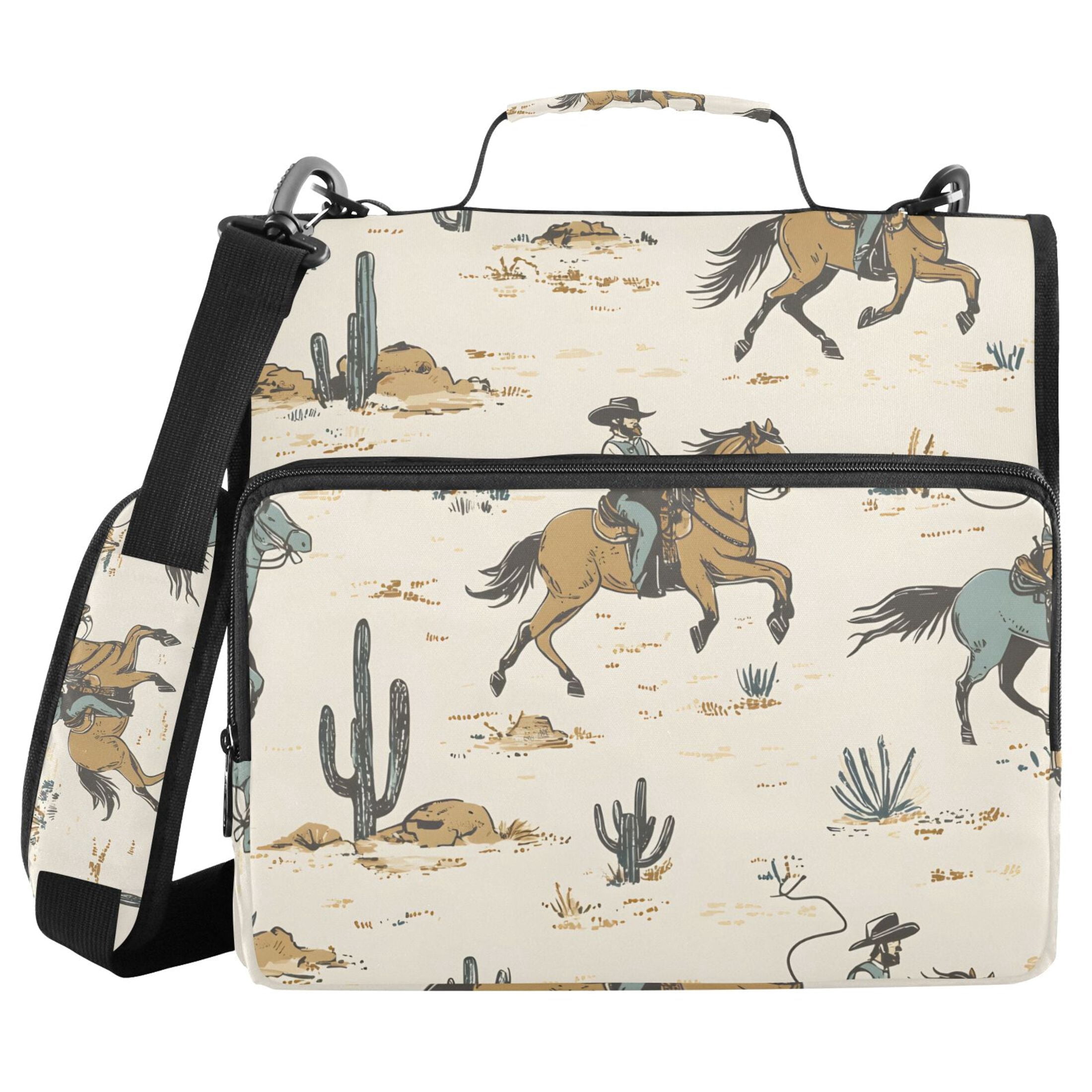 3 Ring Zipper Binder with Shoulder Strap Waterproof Trapper Keeper 2 Inch D-Ring 500 Sheets Capacity Cactus Cowboy Horse