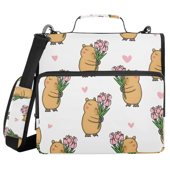 3 Ring Zipper Binder with Shoulder Strap Waterproof Trapper Keeper 1.5 Inch D-Ring 500 Sheets Capacity Capybara Tulip Love Heart