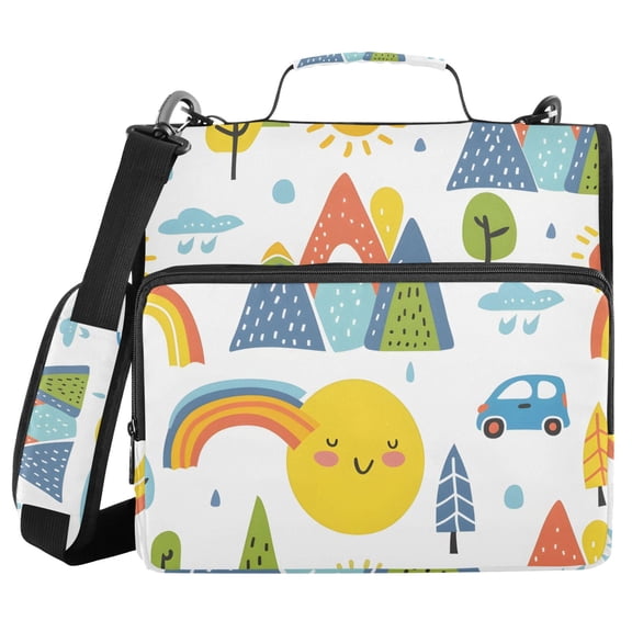 3 Ring Zipper Binder with Shoulder Strap Waterproof Trapper Keeper 2 Inch D-Ring 500 Sheets Capacity Car Mountain Sun Tree Rainbow