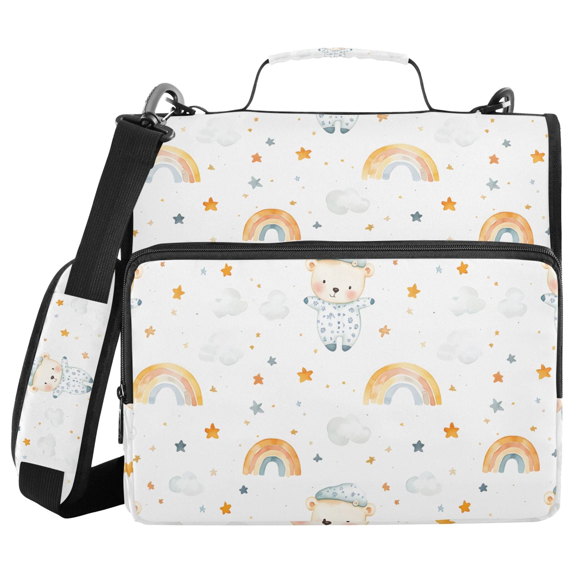 3 Ring Zipper Binder with Shoulder Strap Waterproof Trapper Keeper 2 Inch D-Ring 500 Sheets Capacity Cartoon Bear Rainbow Star Cloud